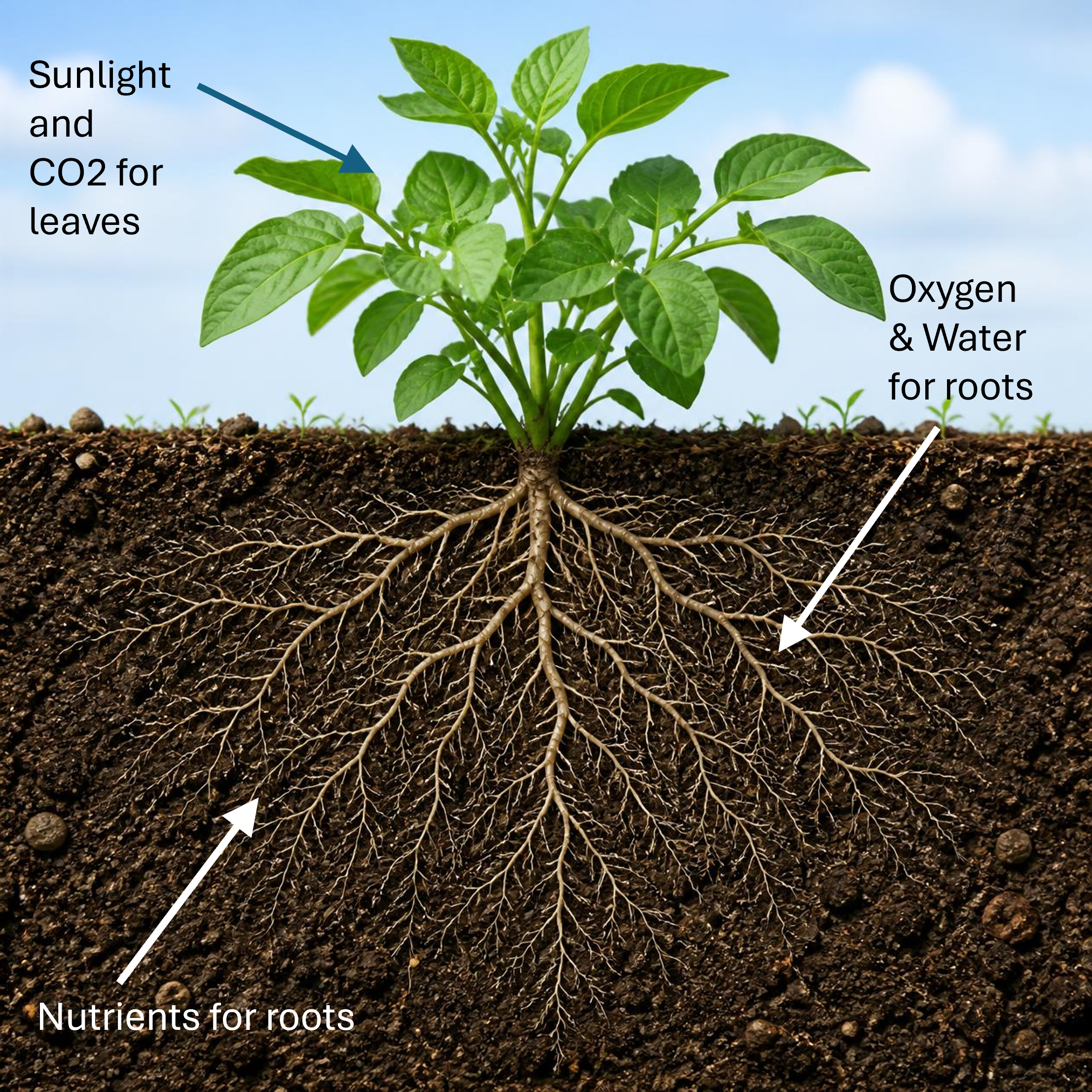 A plant with green leaves growing in soil shows sunlight and CO2 for leaves, and water and nutrients for roots.