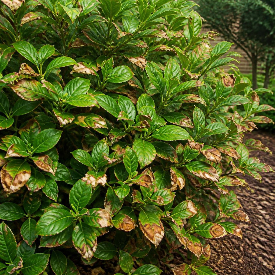 Leaf scorch (drought, heat, fertiliser damage) - Crisp, brown, papery patches, usually starting at the leaf margins or tips — dry to the touch, unlike overwatering's soft yellow-brown patches. Common causes include drought stress, strong wind, frost,