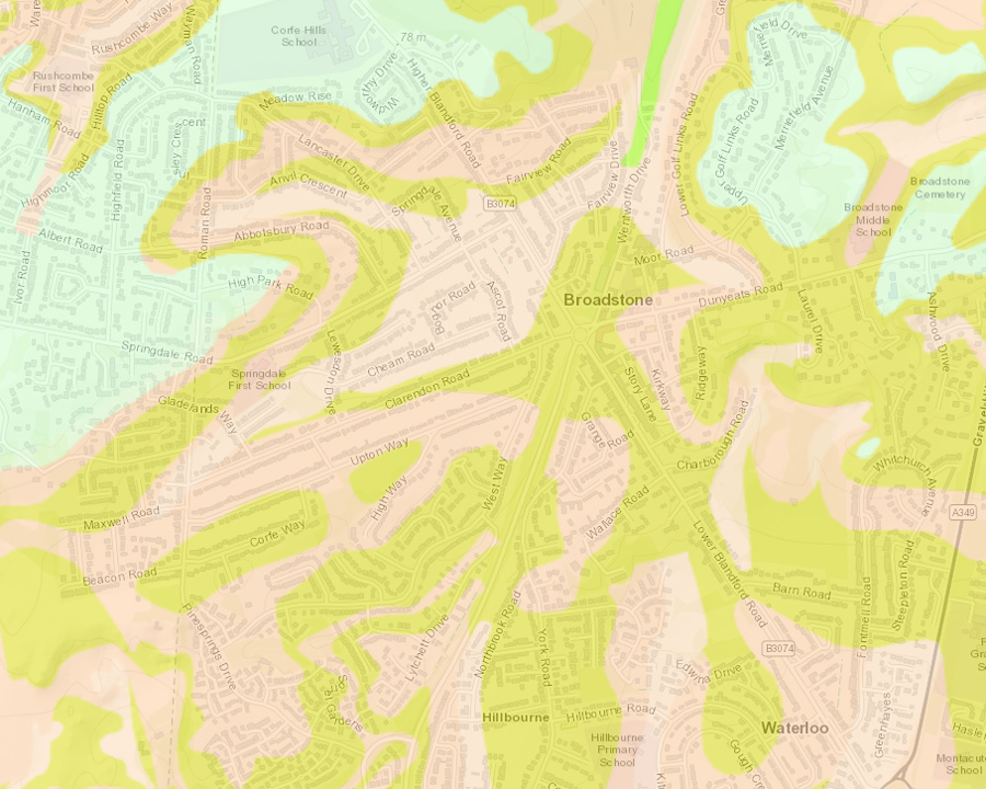 Map of Broadstone neighborhood with street names and highlighted zones.