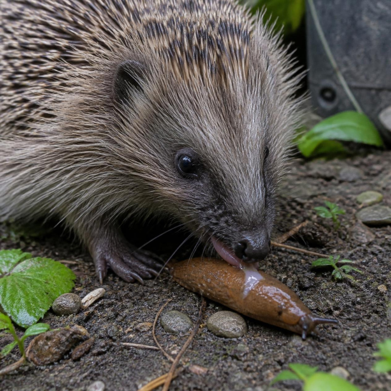 Hedgehog	

Scrapes off slug slime with its front paws before eating. Hedgehogs are natural predators of slugs and snails, so knowing whether they visit your garden can help you understand its wildlife