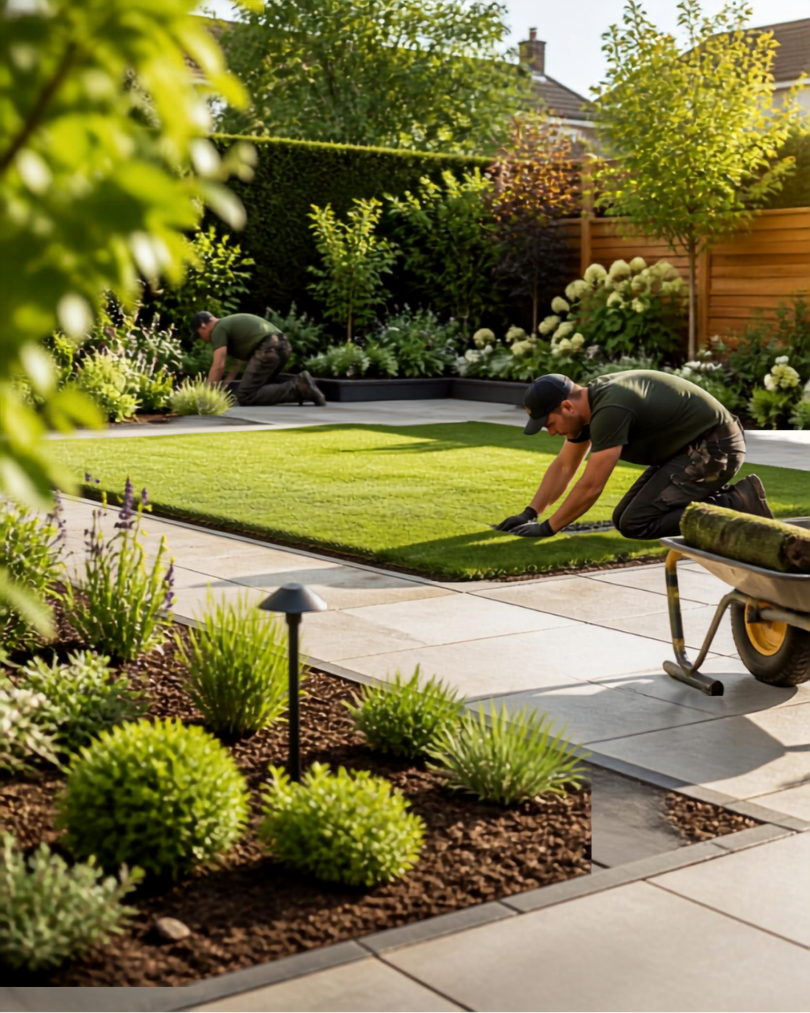 Two men laying down sod in a backyard garden, surrounded by lush green plants and trees, with a wheelbarrow nearby.