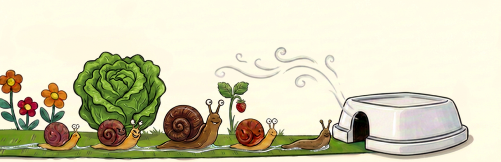 Illustration of garden snails walking in line towards a snail house, with flowers, leafy plants, and a strawberry plant in the background.