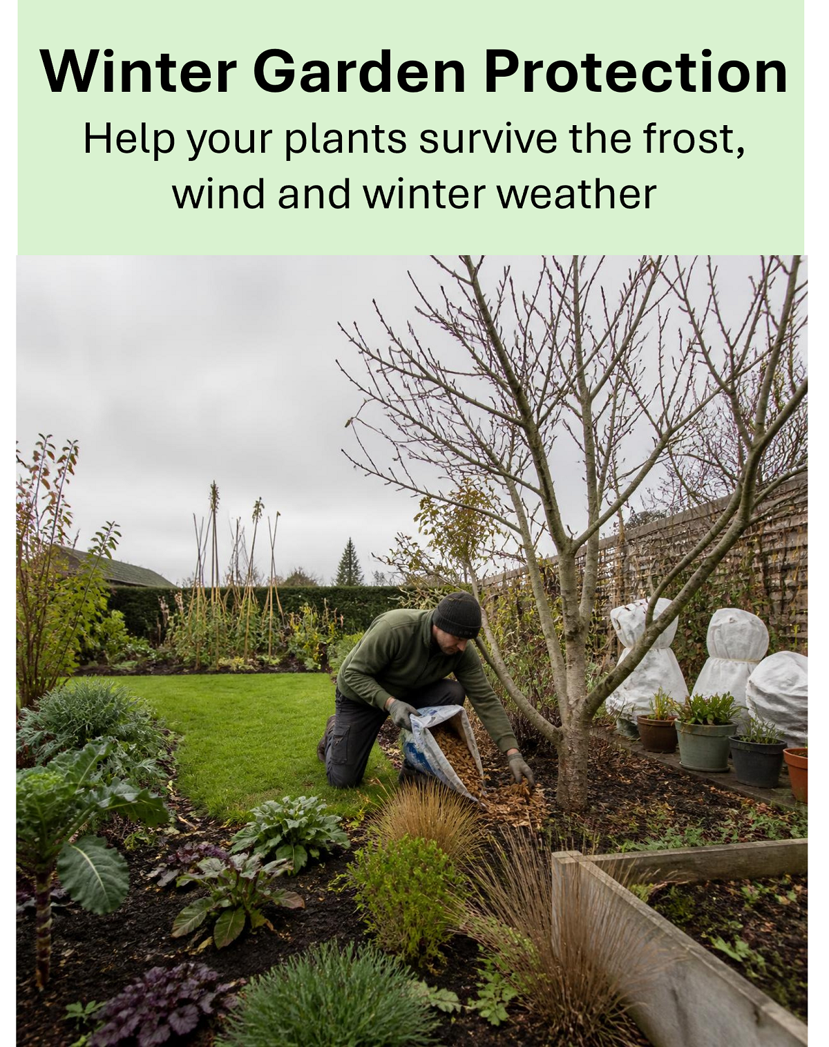 We can help protect your garden for winter with fleece wrap on containers and delicate plants, mulching around roots, and plant supports and frames to reduce wind damage.