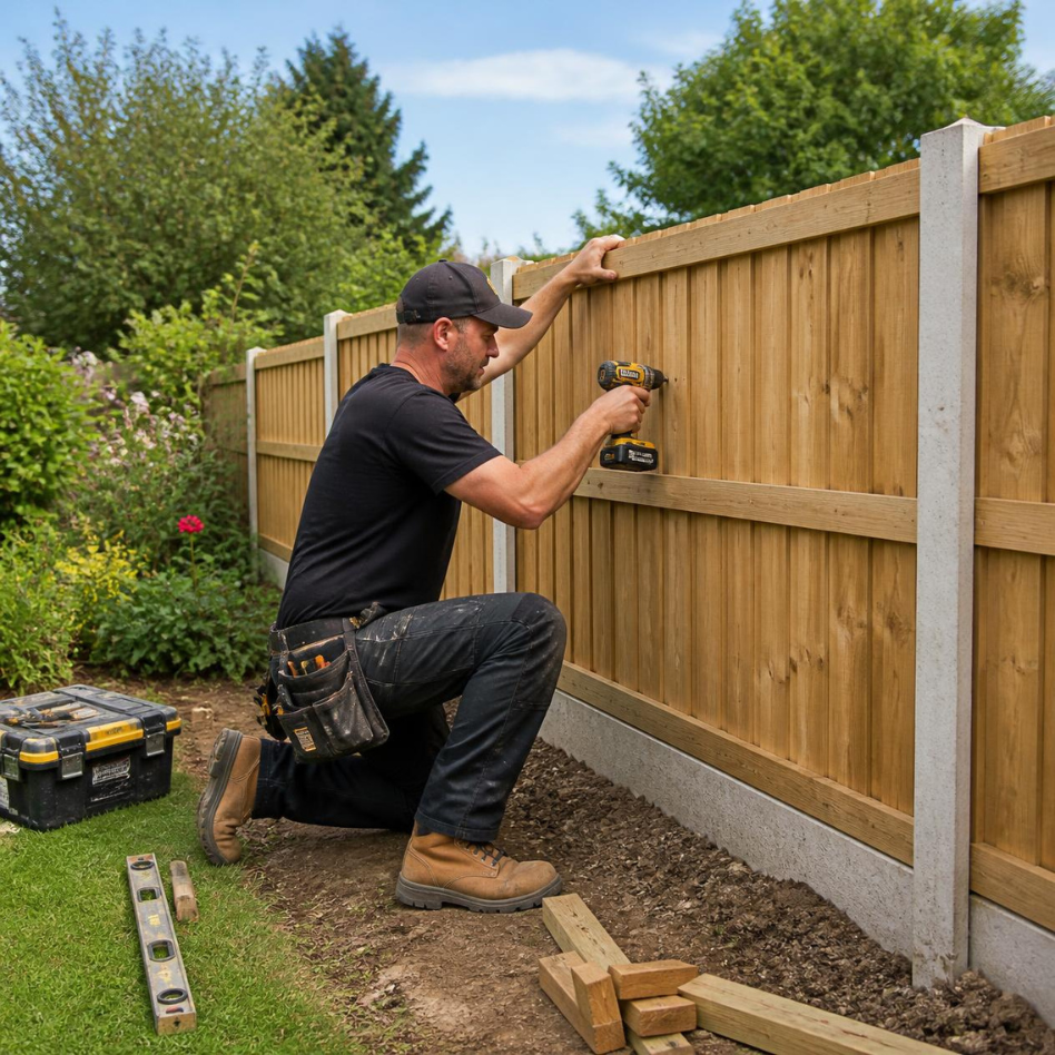 A man installing a wooden fence using a power drill in a garden with plants and trees.