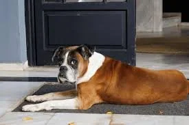 A large brown and white dog lying on a tiled floor in front of a dark cabinet.