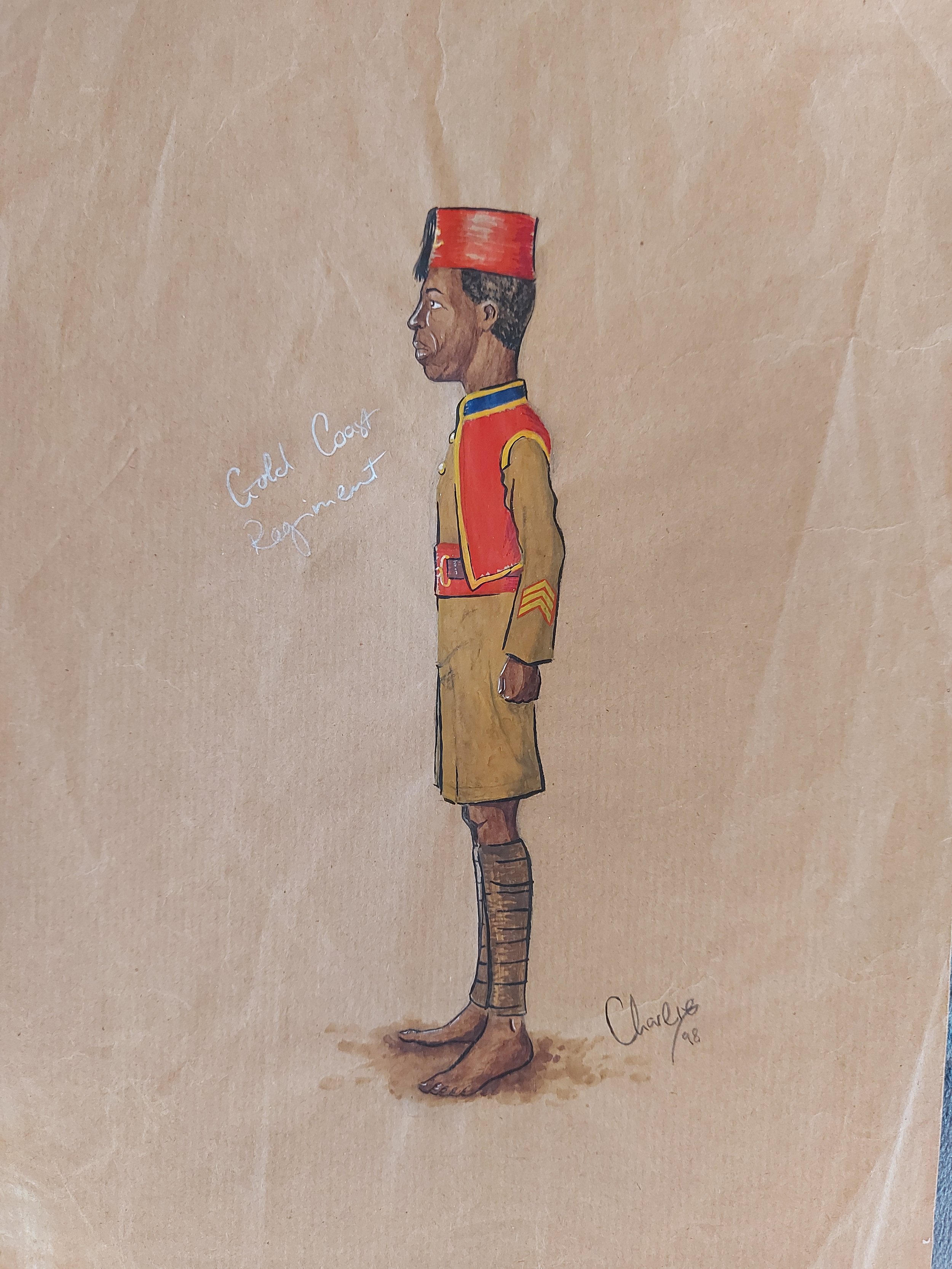 Soldier of the Gold Coast Regiment, 1998
Painted during my late-teens, this was one of my earliest attempts at my own Snaffles-style military painting.  My grandfather was an officer in the Gold Coast Regiment, so this was something of a tribute to h