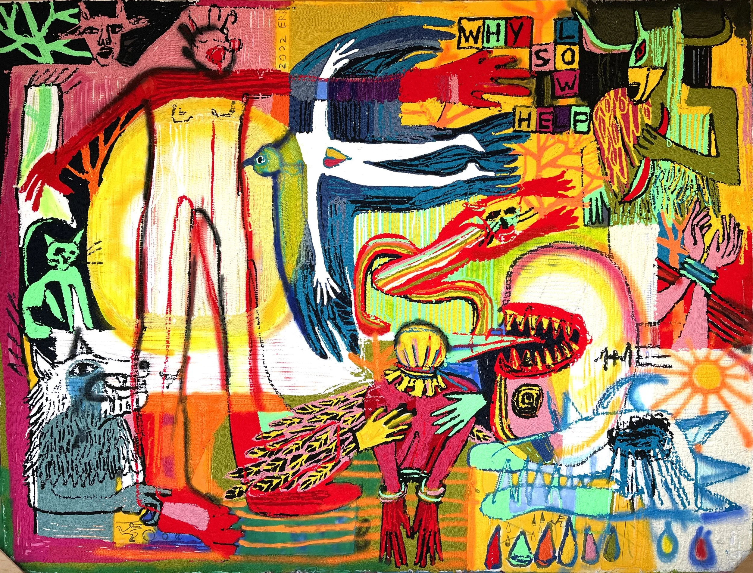 "Rainbow conflict part 2", 270 x 220 cm, paint, tufted wool, acrylic yarns, 2023