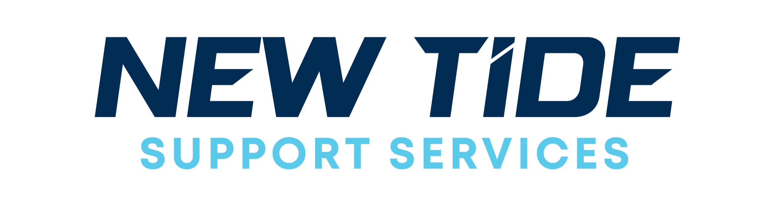 Logo for New Tide Support Services with dark blue and light blue text on a transparent background.
