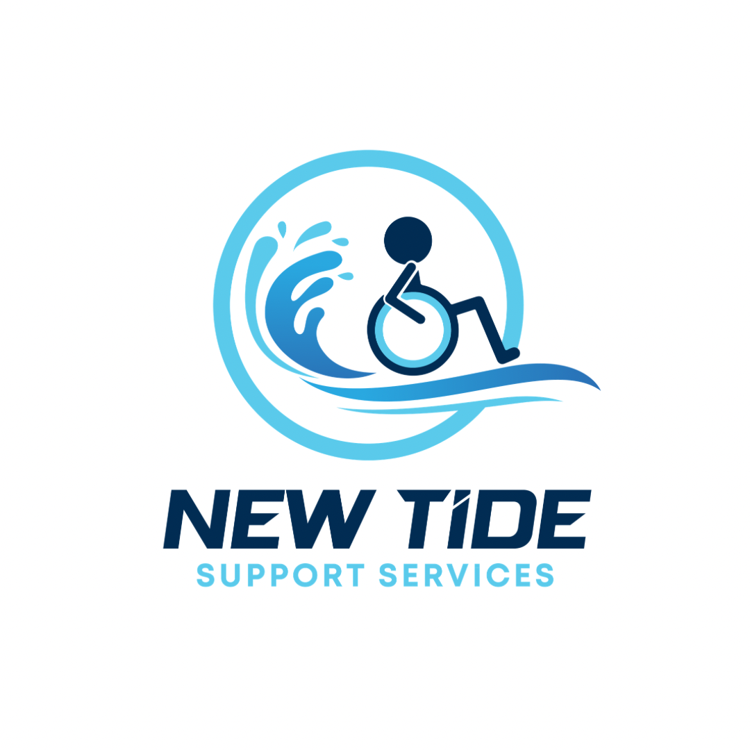 Logo for New Tide Support Services featuring a stylized wheelchair user on a wave with splash elements, in shades of blue.