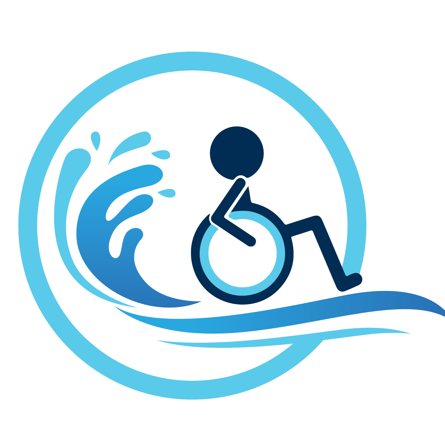 Symbolic illustration of a person in a wheelchair surrounded by water or waves, representing swimming or water accessibility.