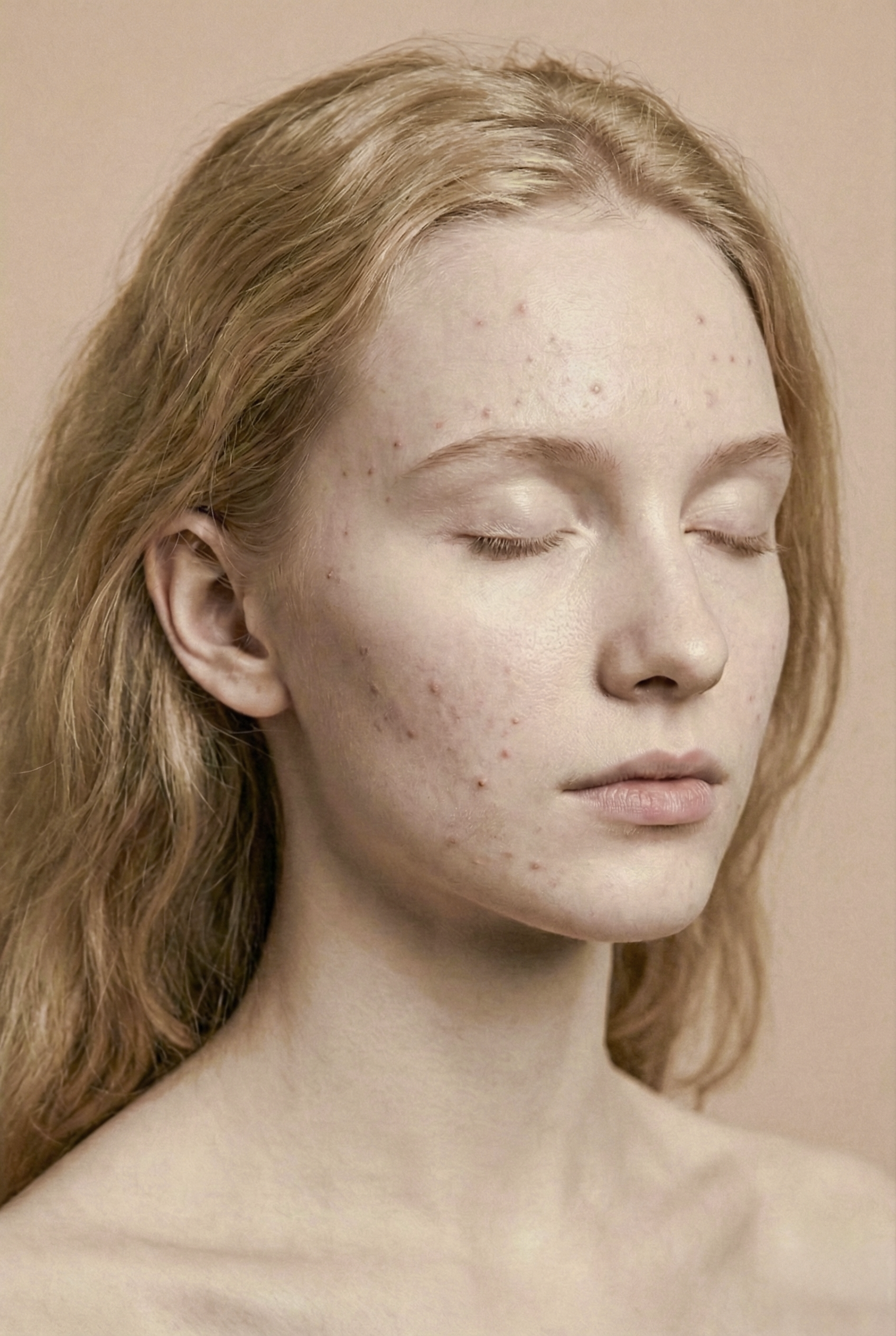 Close-up of a young woman with red hair and fair skin, her eyes closed, showing her face with acne and blemishes against a beige background.