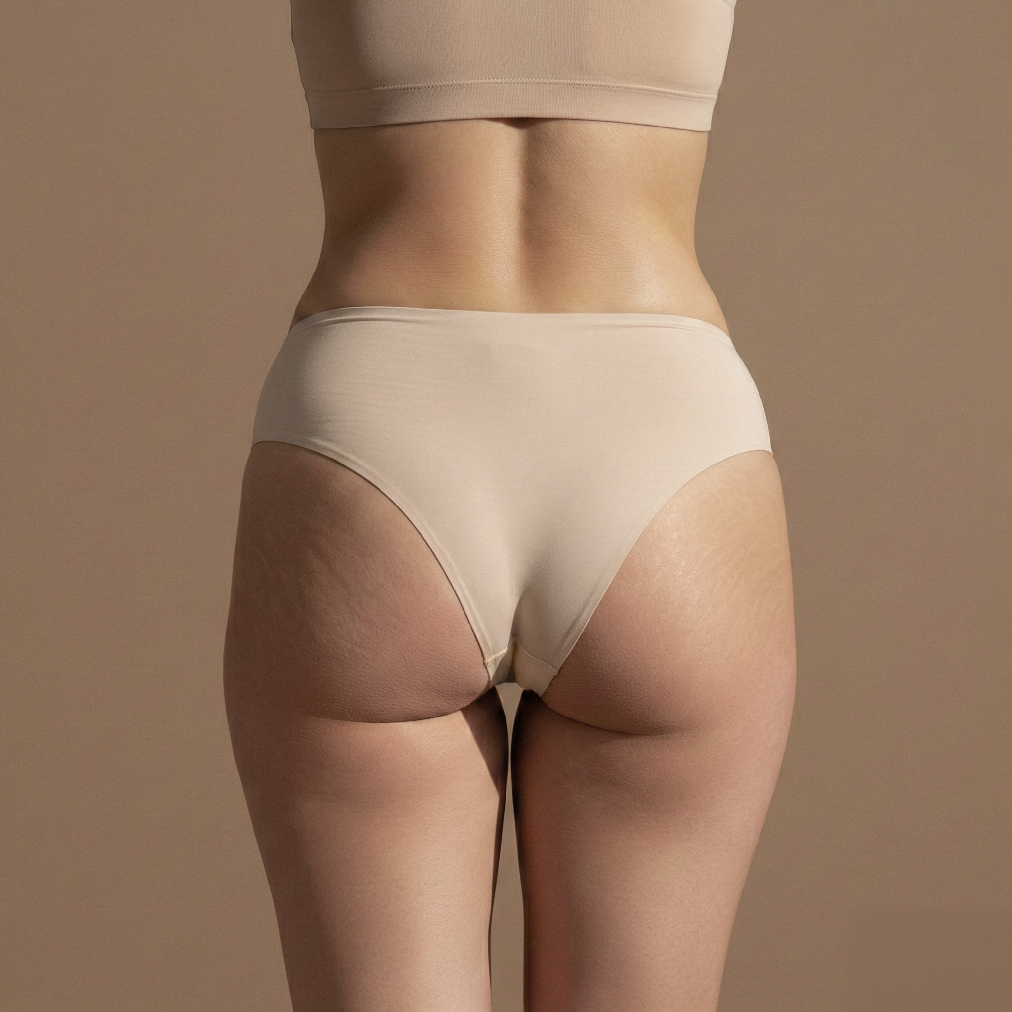 Close-up of a woman's lower back and buttocks wearing nude-colored underwear against a neutral background.