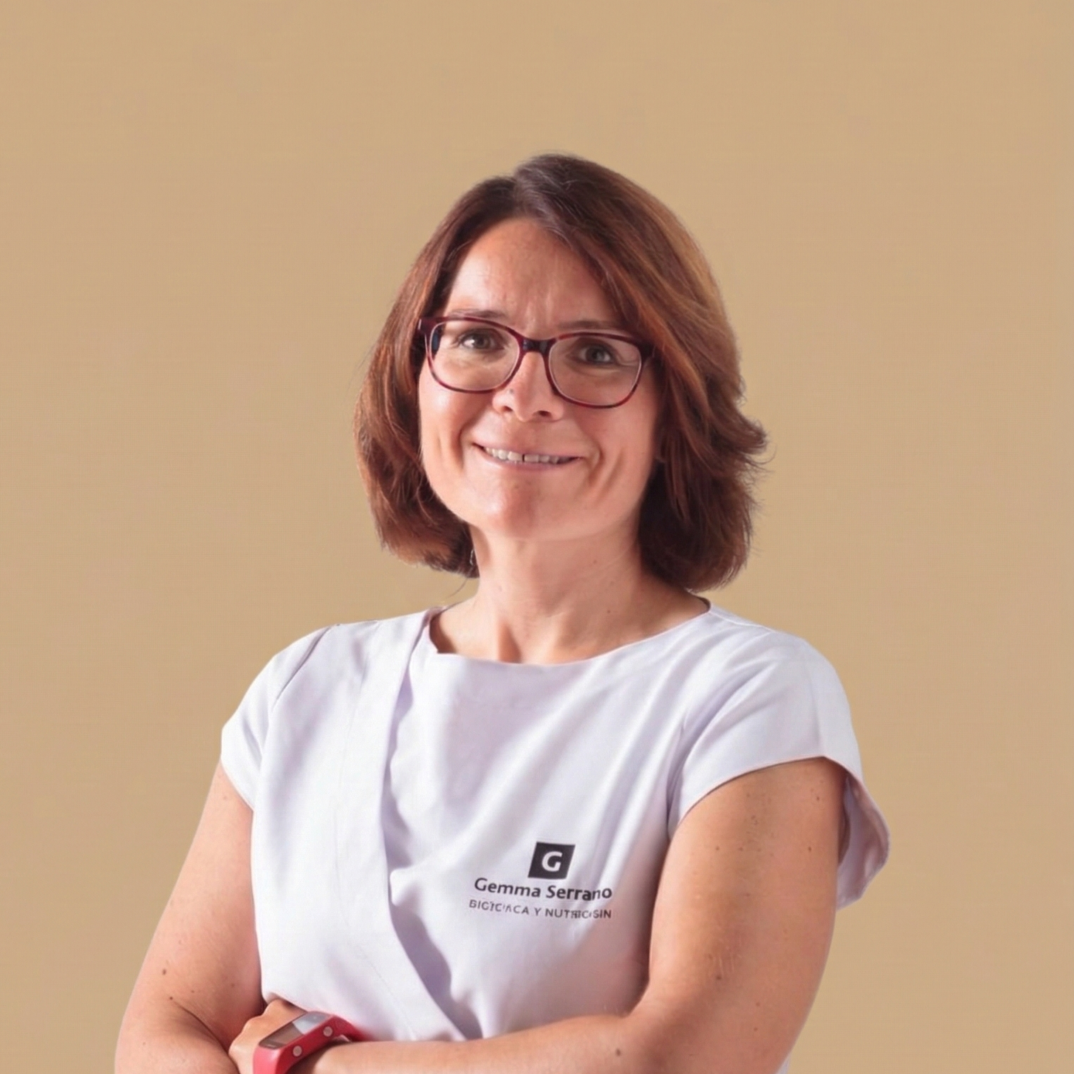 A woman with shoulder-length brown hair and glasses, smiling, wearing a white shirt with a logo and name tag that reads 'Gemma Serrano, Bióloga y Nutricionista,' standing against a plain beige background.