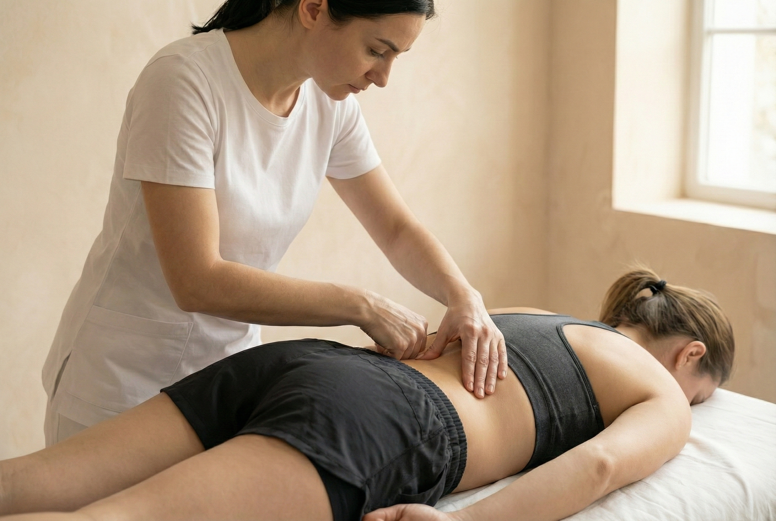 A woman receiving a back massage in a treatment room with a massage therapist applying pressure to her lower back.