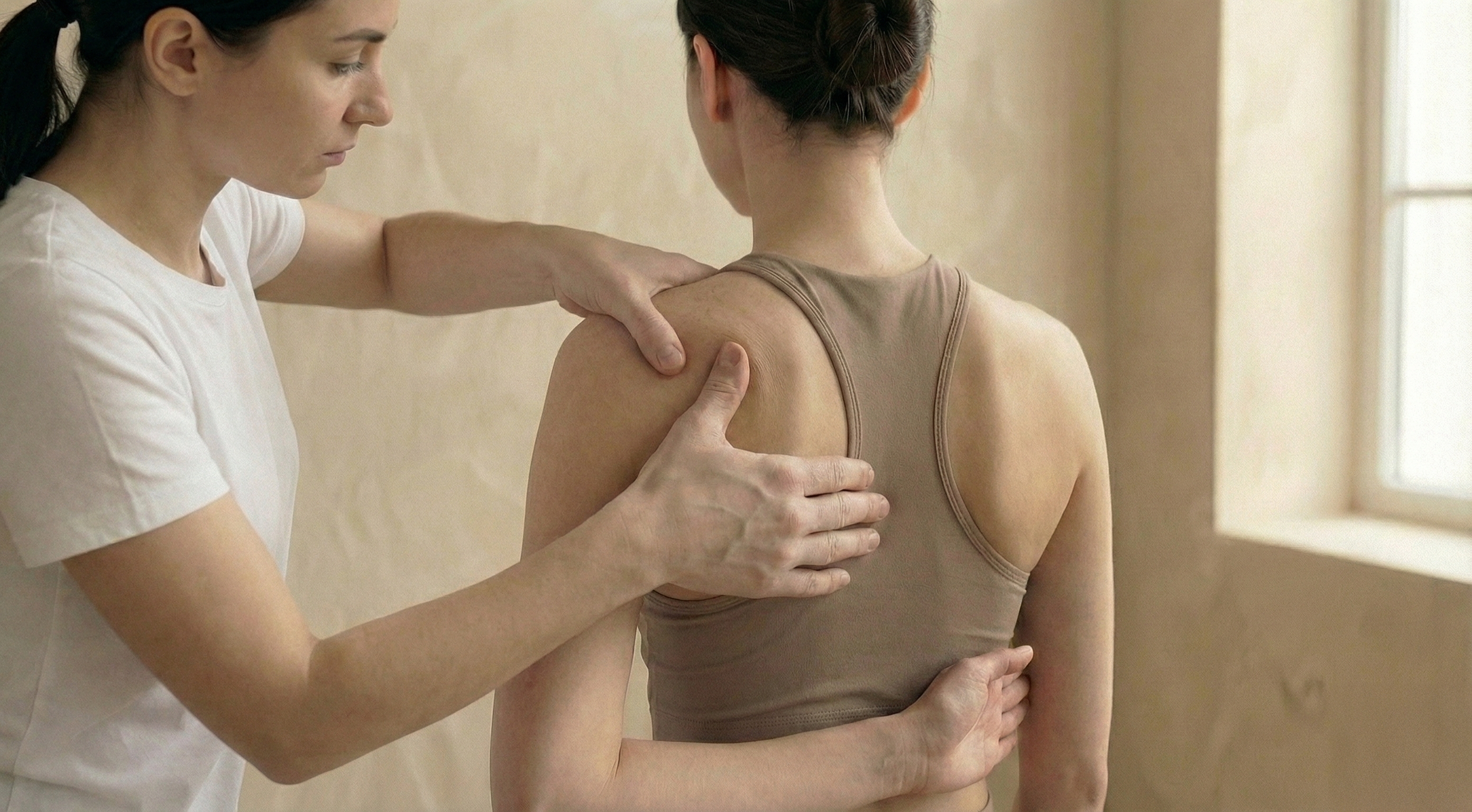 A healthcare professional examines a woman's shoulder, using both hands, in a clinical setting with neutral-colored walls and a window in the background.
