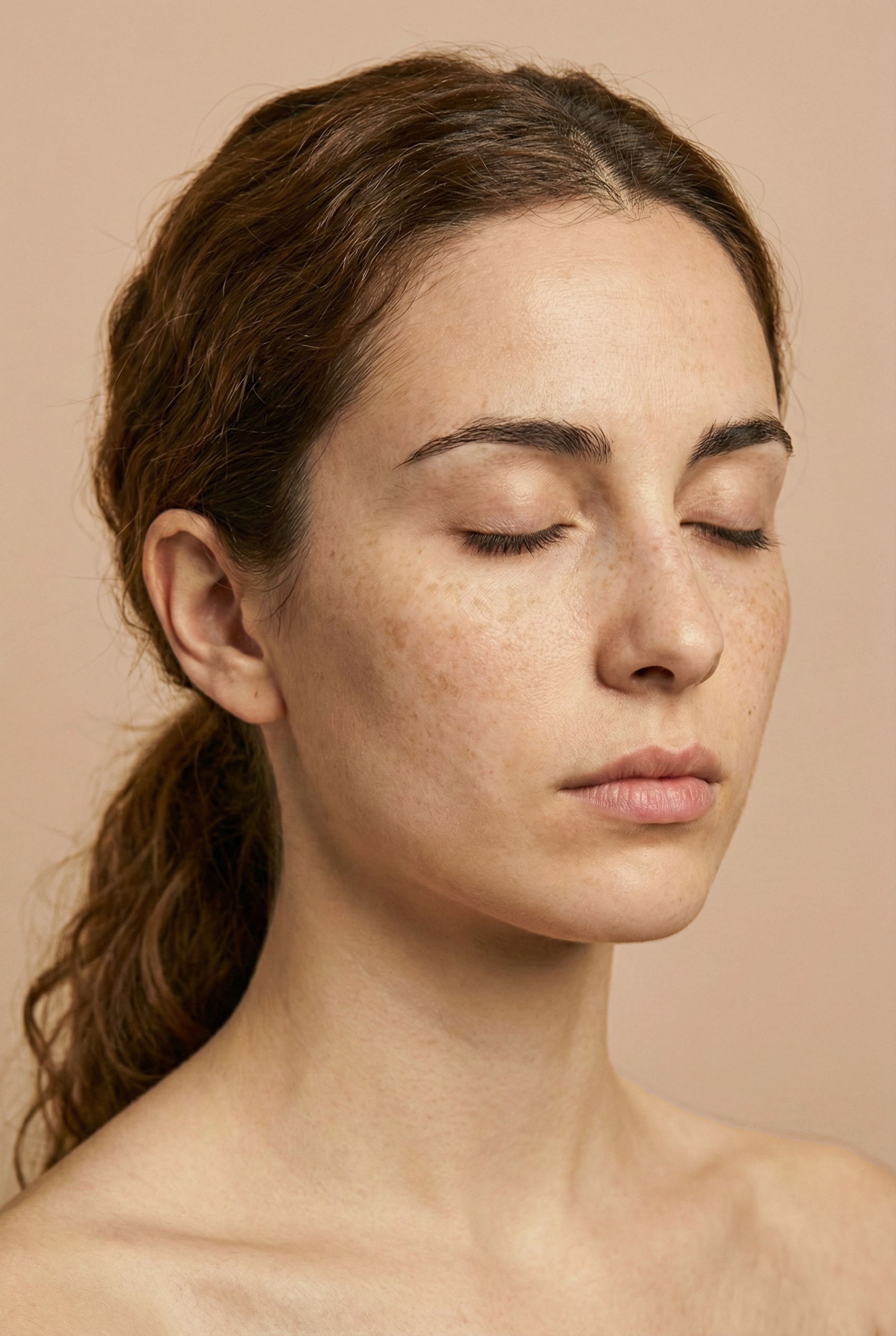 Close-up of a woman with her eyes closed, showing clear skin and natural makeup.