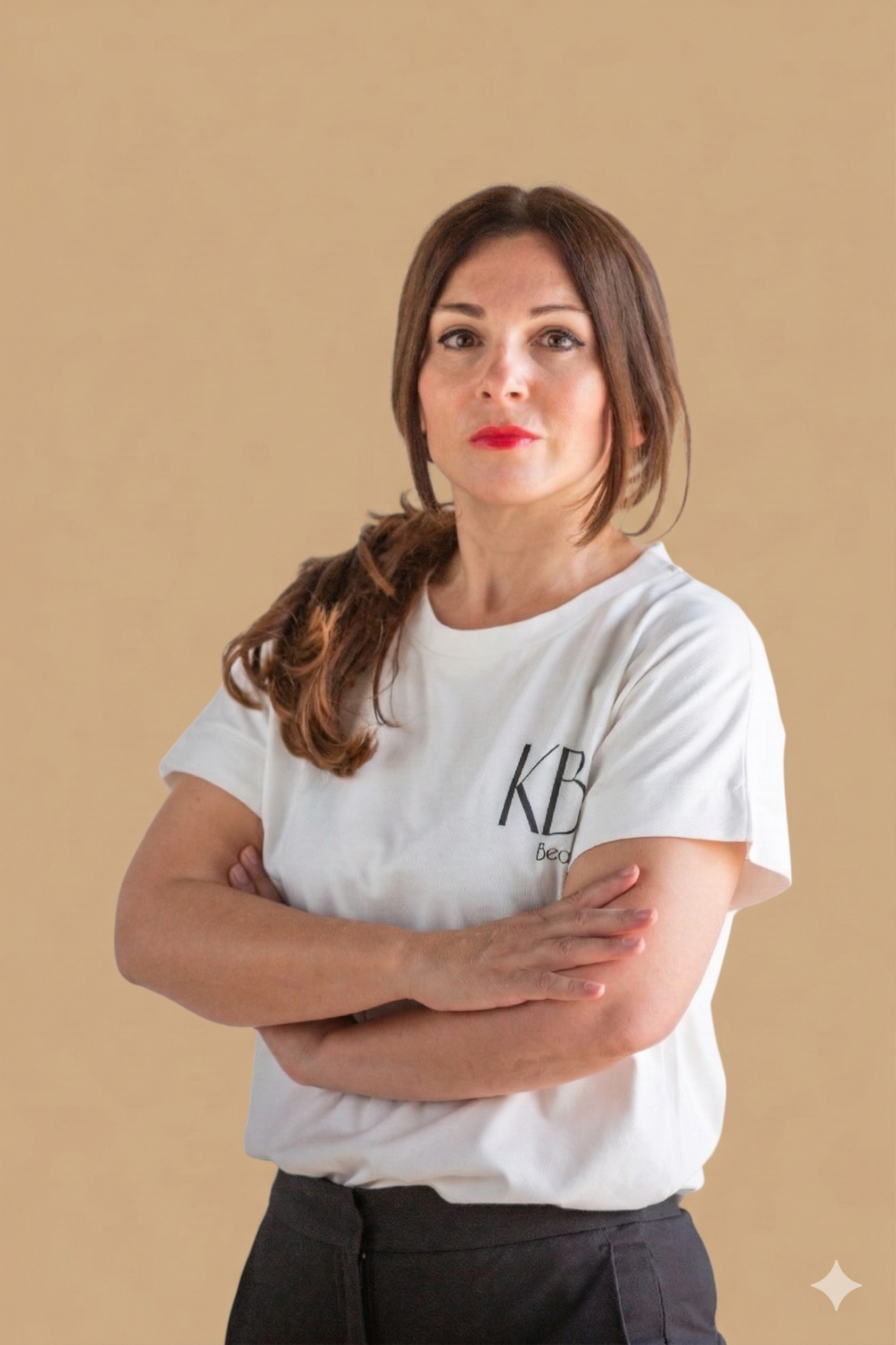 A woman with brown hair in a ponytail, wearing a white T-shirt with initials 'KLB' and black pants, standing with her arms crossed against a beige background.