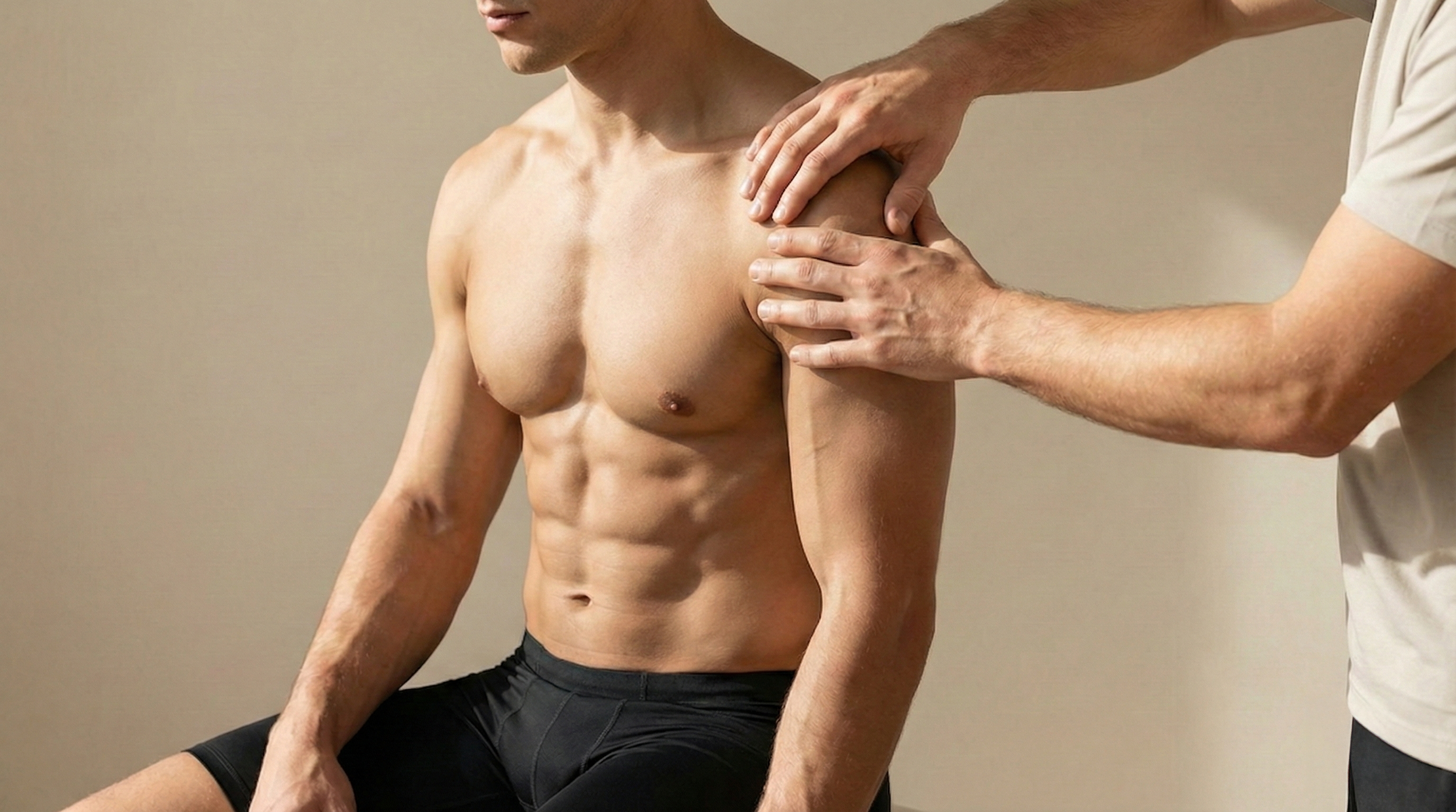 A man sitting shirtless during a physical therapy or chiropractic examination, focusing on his chest and abdominal muscles, while a healthcare professional examines his shoulder.