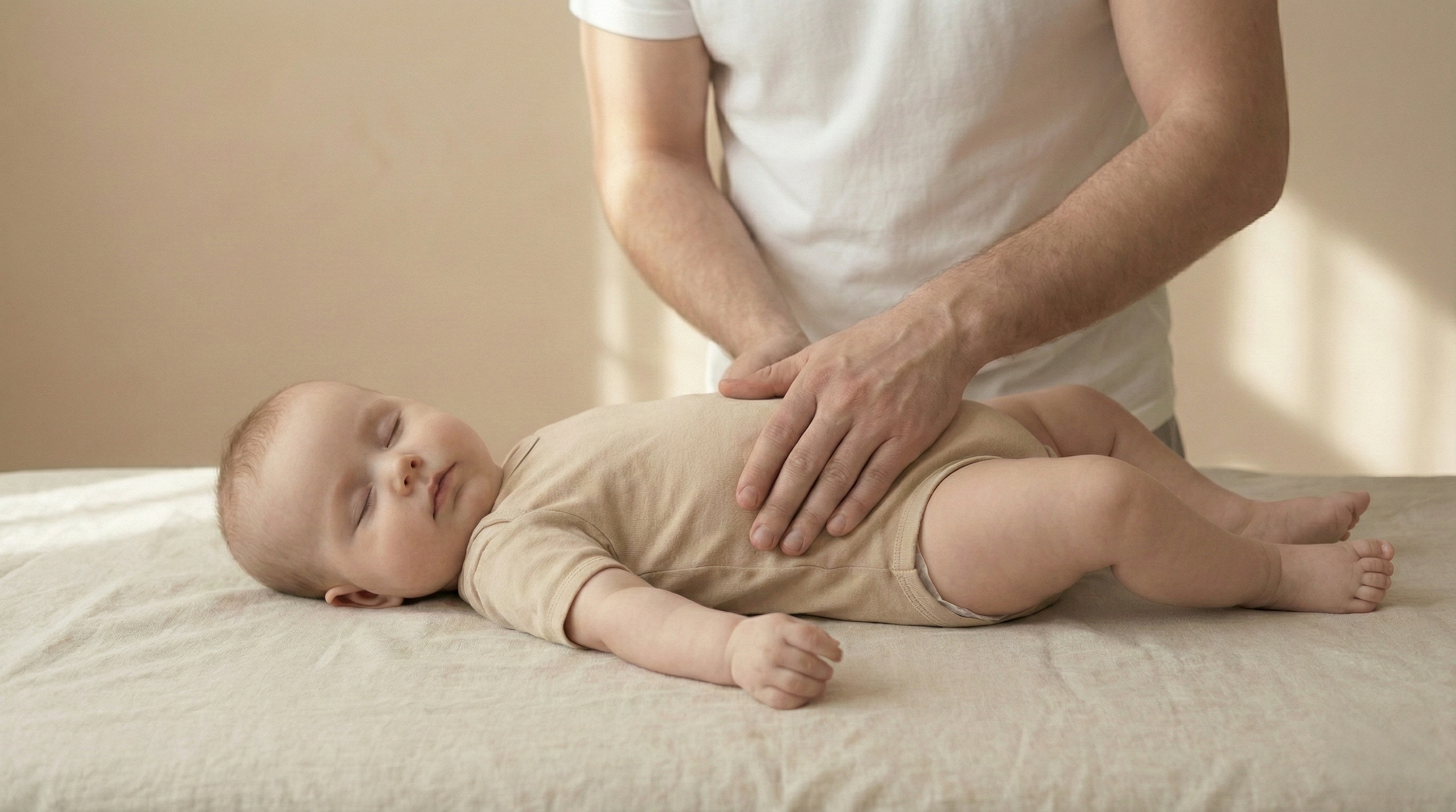 A person giving a gentle massage or performing a check on a sleeping baby lying face down on a soft surface.