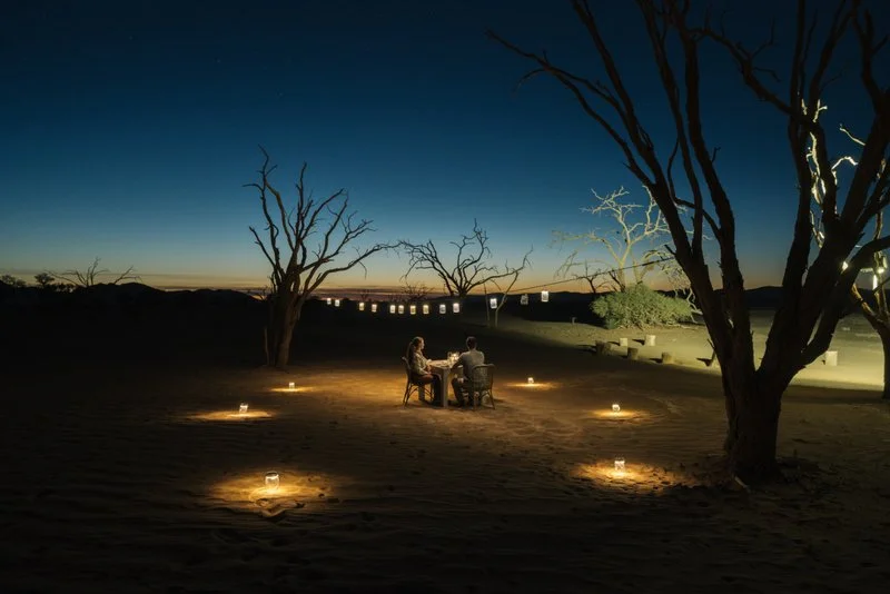Young couple enjoying a private outdoor bush dinner alone, surrounded by candles under an African sky