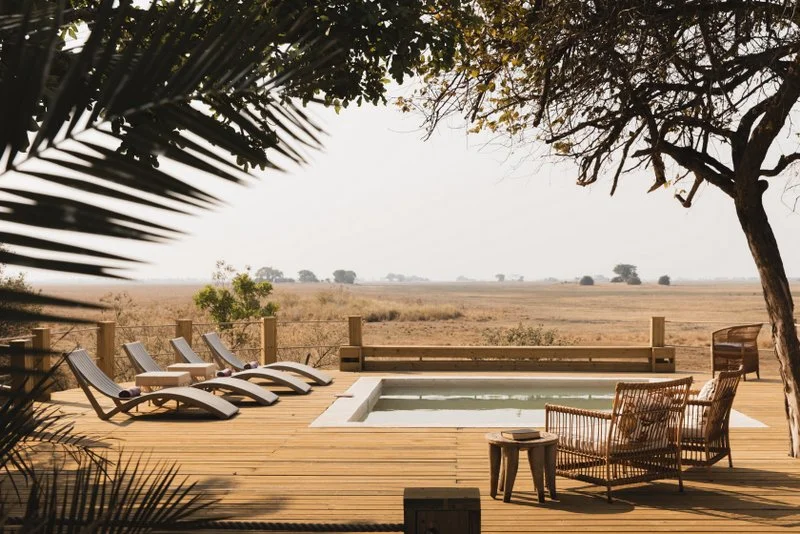 Relax by the pool and deck with sweeping views of Zambia’s floodplains.