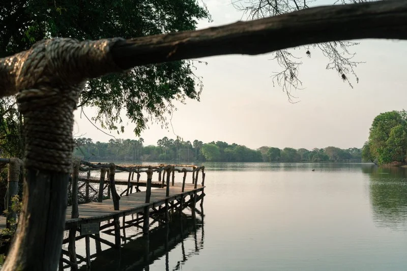 Boat jetty and lodge viewing platform overlooking the waterways of Liwonde National Park, Malawi.