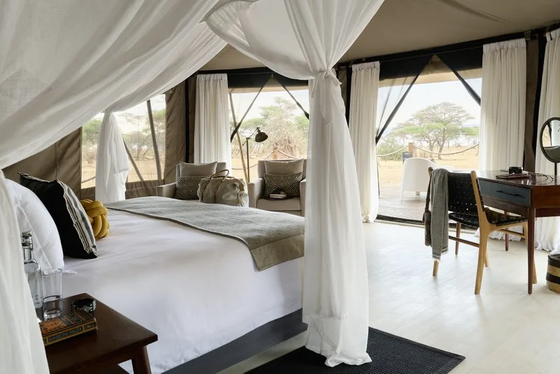 Lodge room with views over a waterhole in Tarangire National Park, Tanzania