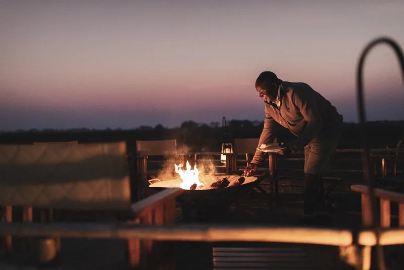 Evening fire at a Zambian lodge, lit by our welcoming staff