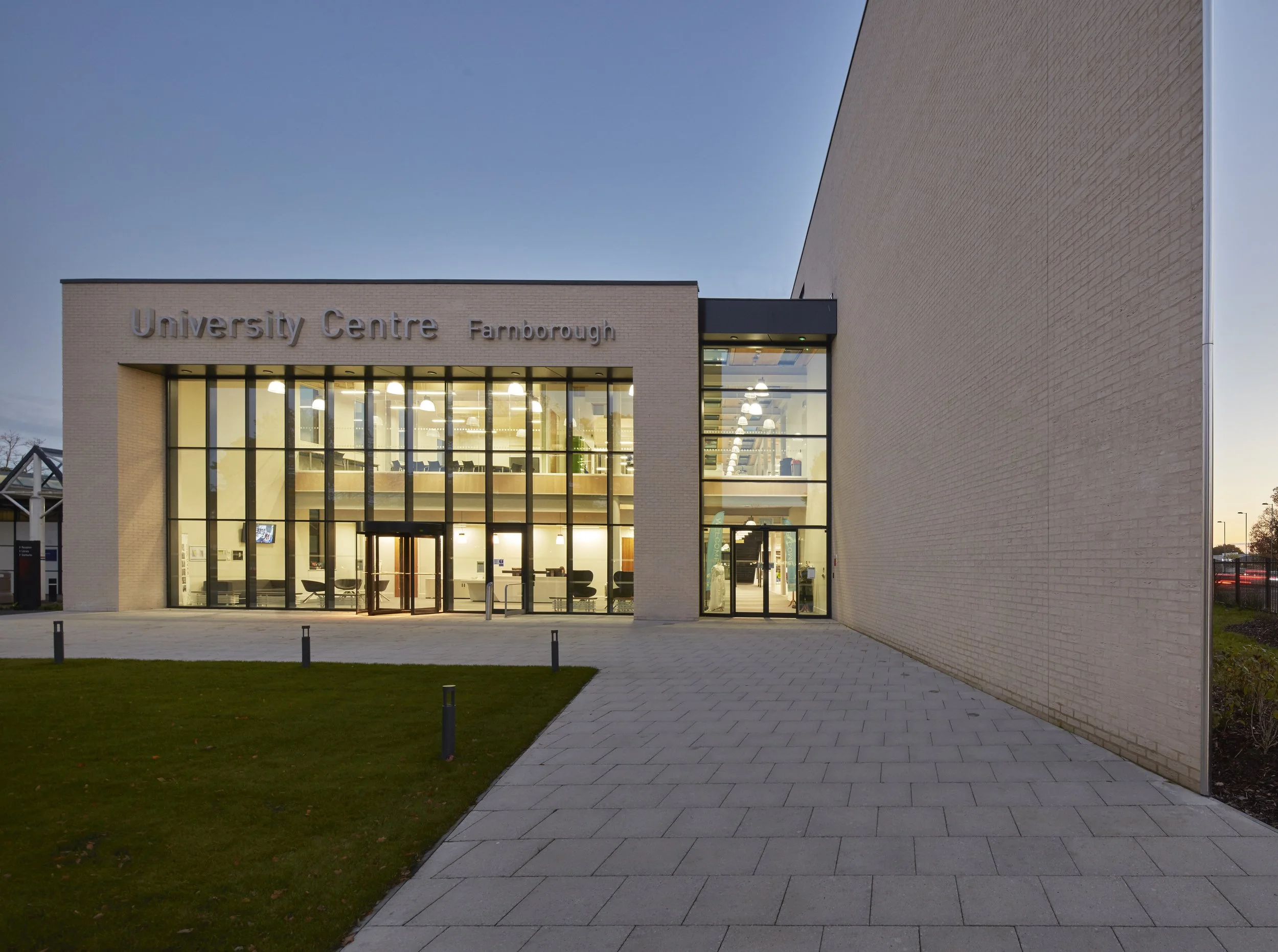 University Centre Farnborough exterior at dusk