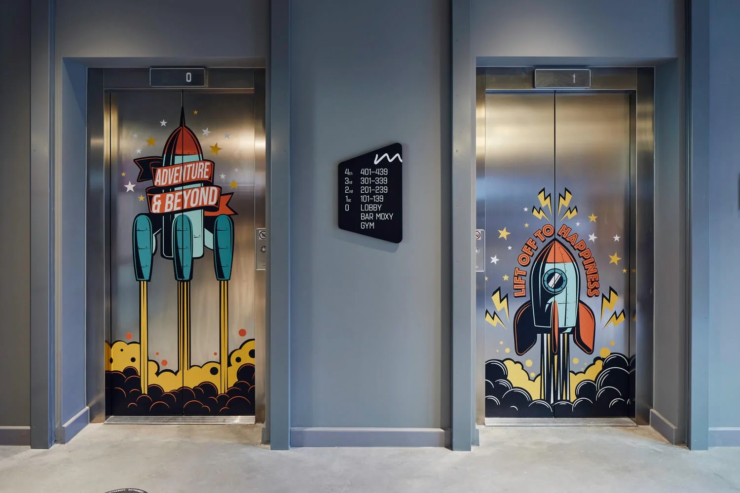 Moxy hotel lift graphics