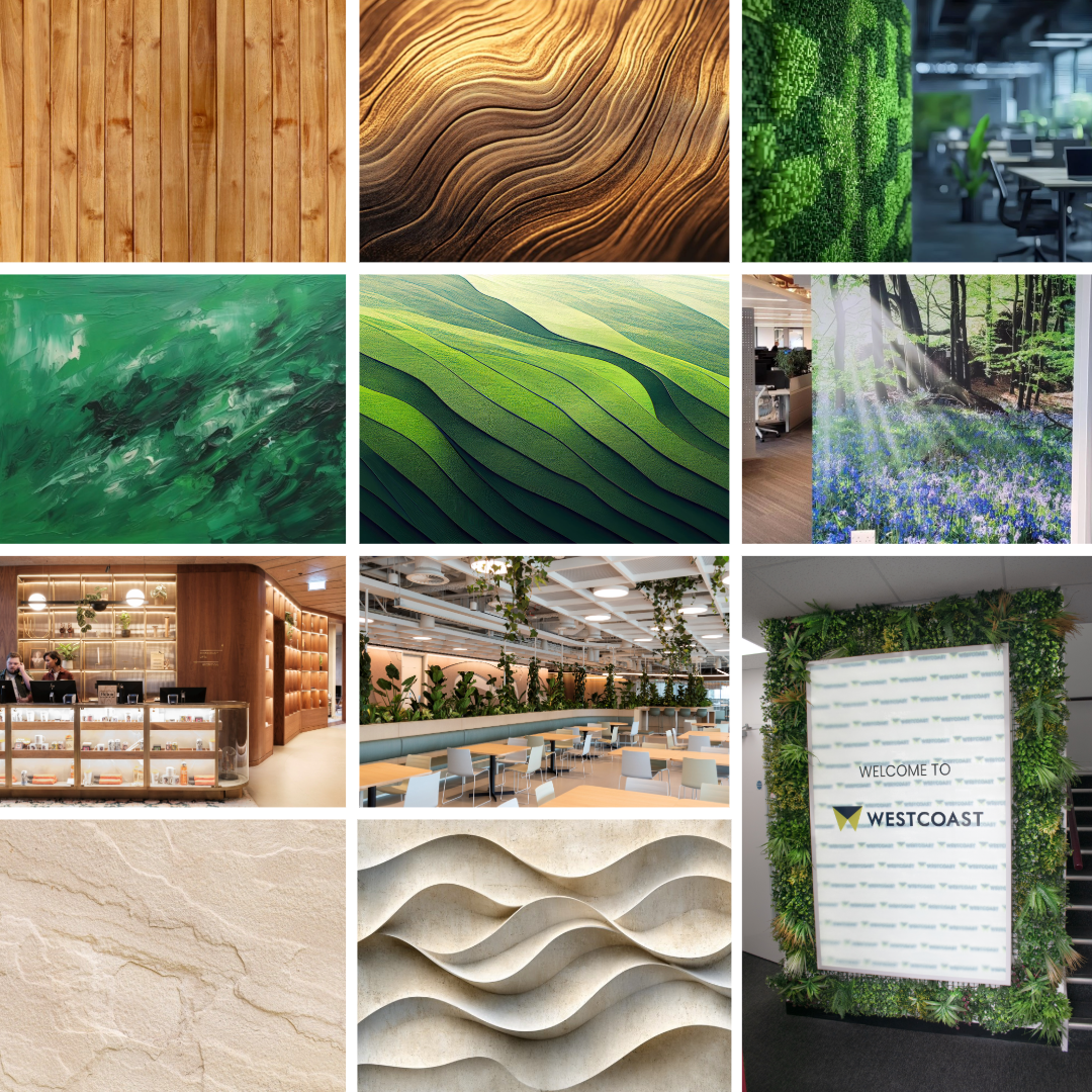 Collage of various interior design and nature-themed decor, including wood textures, greenery, landscape photographs, and modern architectural elements.