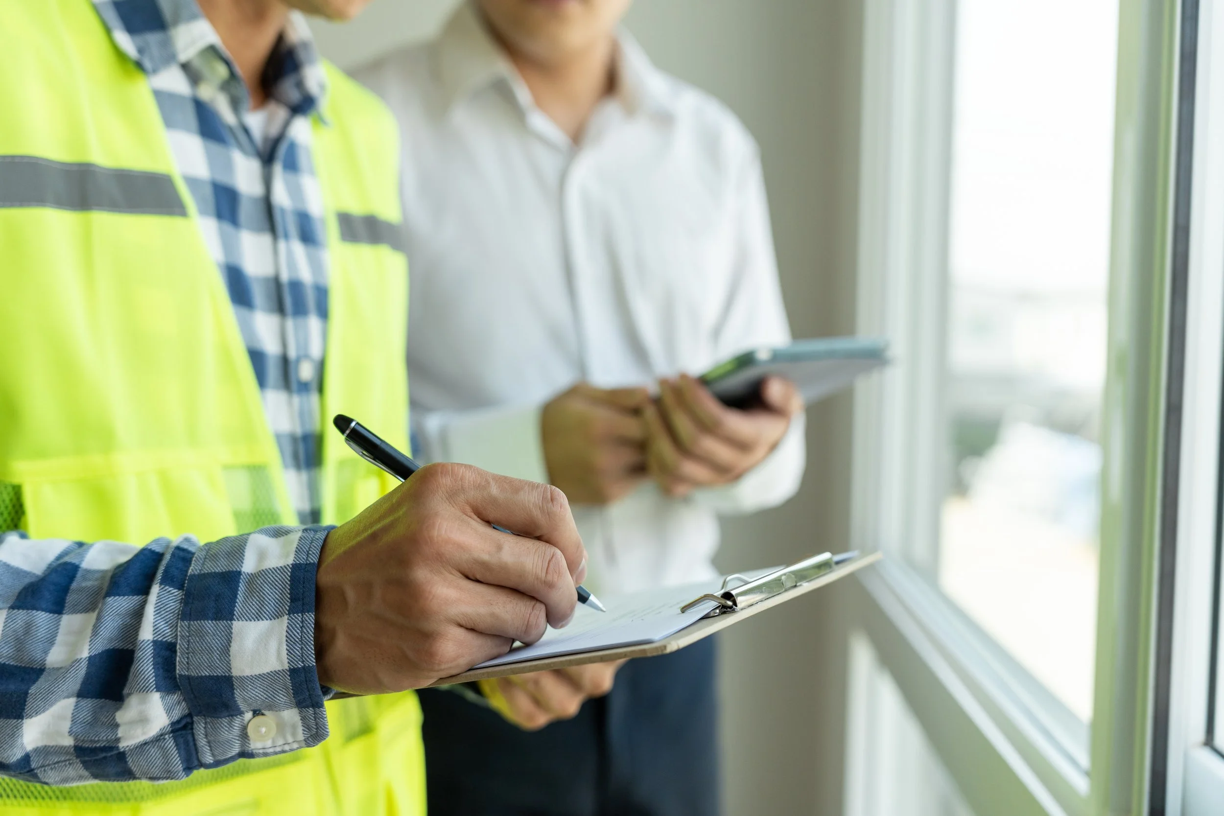 Two men are near a window, one is wearing a yellow safety vest and is writing on a clipboard with a black pen, the other is holding a smartphone or tablet.