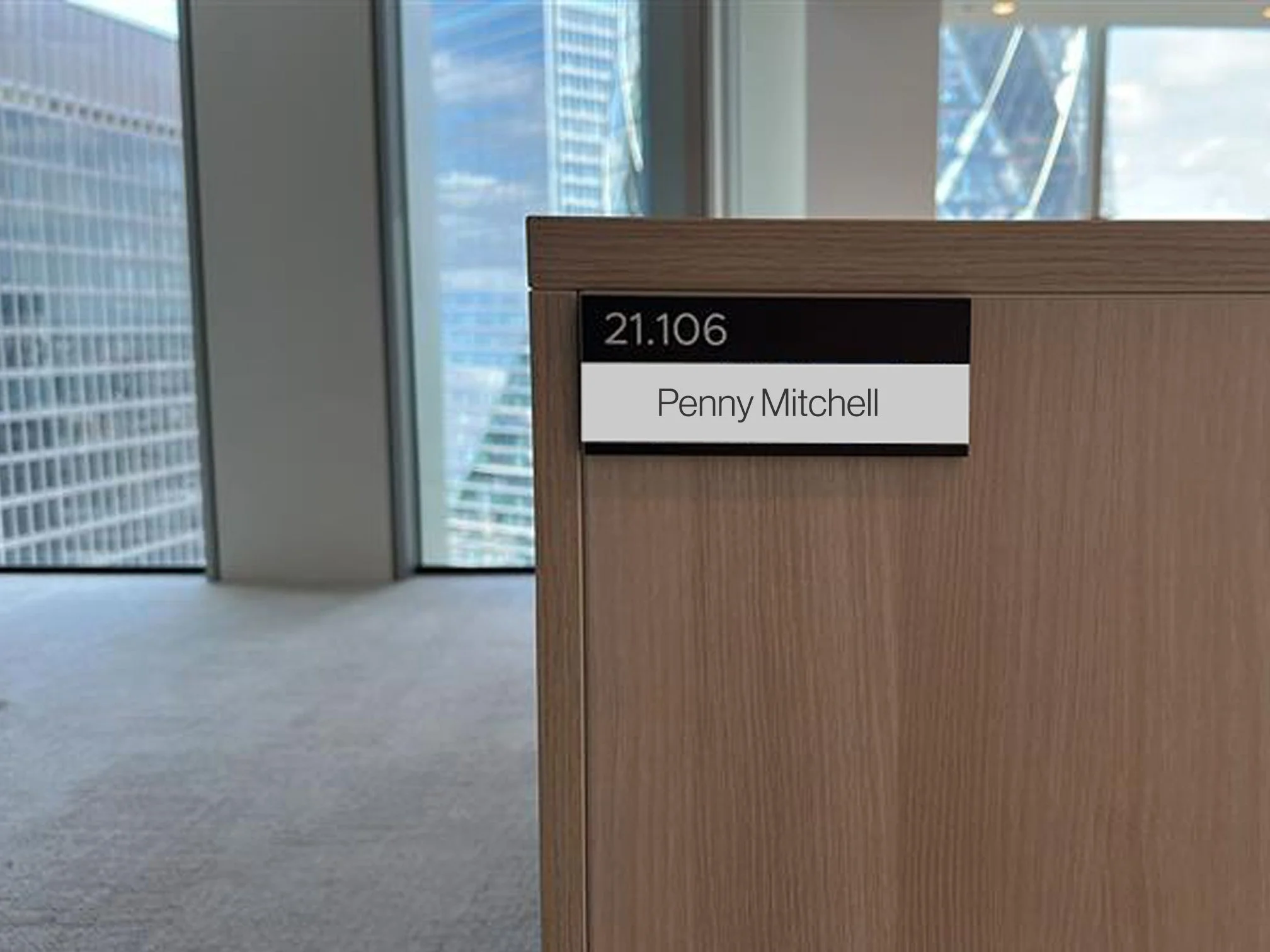 Desk nameplate in London office