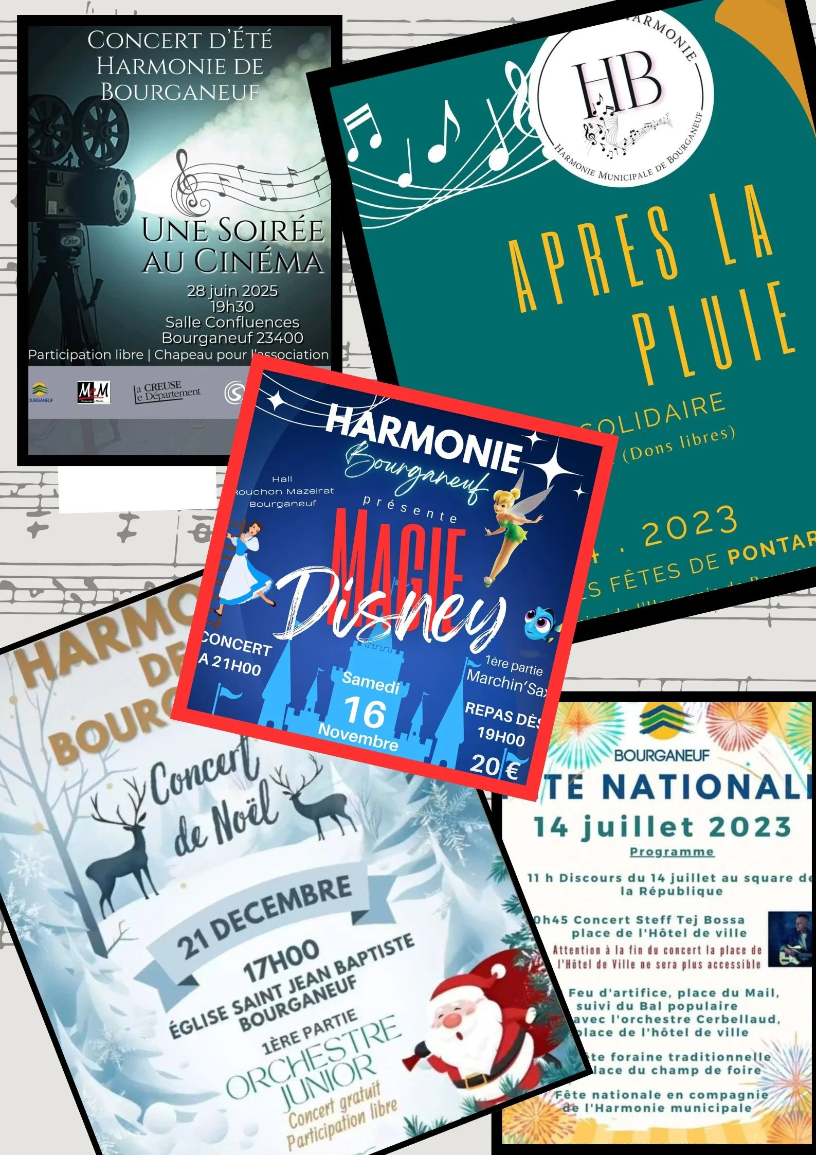 Multiple posters promoting various music and cultural events in Bourganeuf, including a summer concert at the cinema, a rain shelter concert, a Disney-themed event, a Christmas concert, and a national celebration, with details of dates, times, and ve