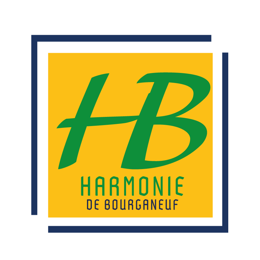 Logo de la marque HB Harmonie de Bourganeuf avec des lettres vertes sur un fond jaune, entouré d'un cadre noir et bleu.