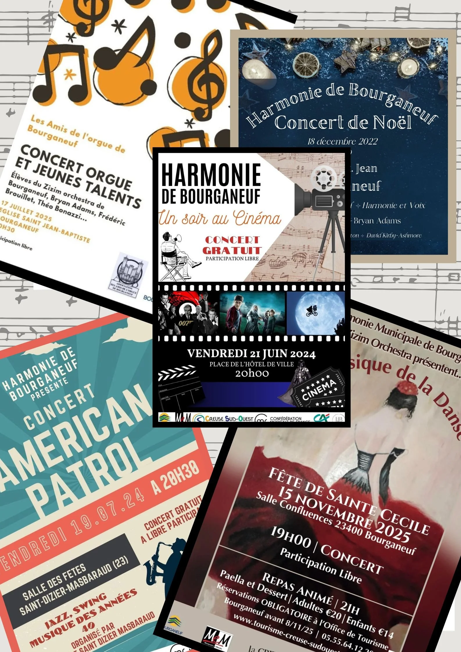 Collage de plusieurs affiches de concerts et événements culturels à Bourgueil, France, incluant des annonces pour des concerts d'orgue, de jazz, de musique américaine, et un concert de Noël, avec des dates et des détails variés.