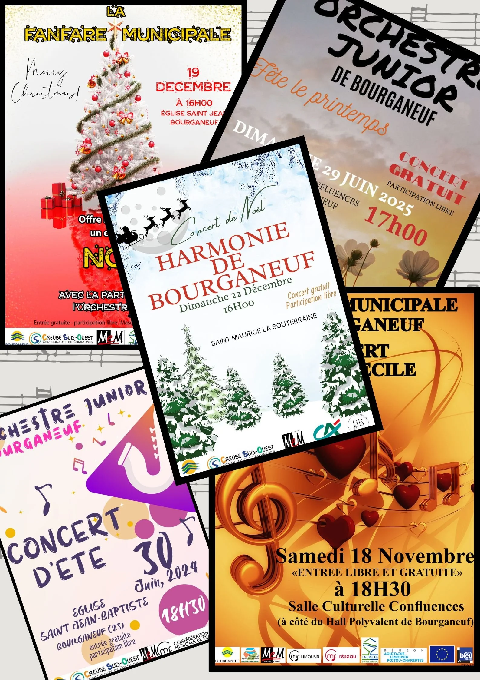 Affiches d'événements culturels et musicaux à Bourganeuf, incluant concerts de Noël, concerts juniors, fêtes, et événements gratuits avec dates, heures et lieux.