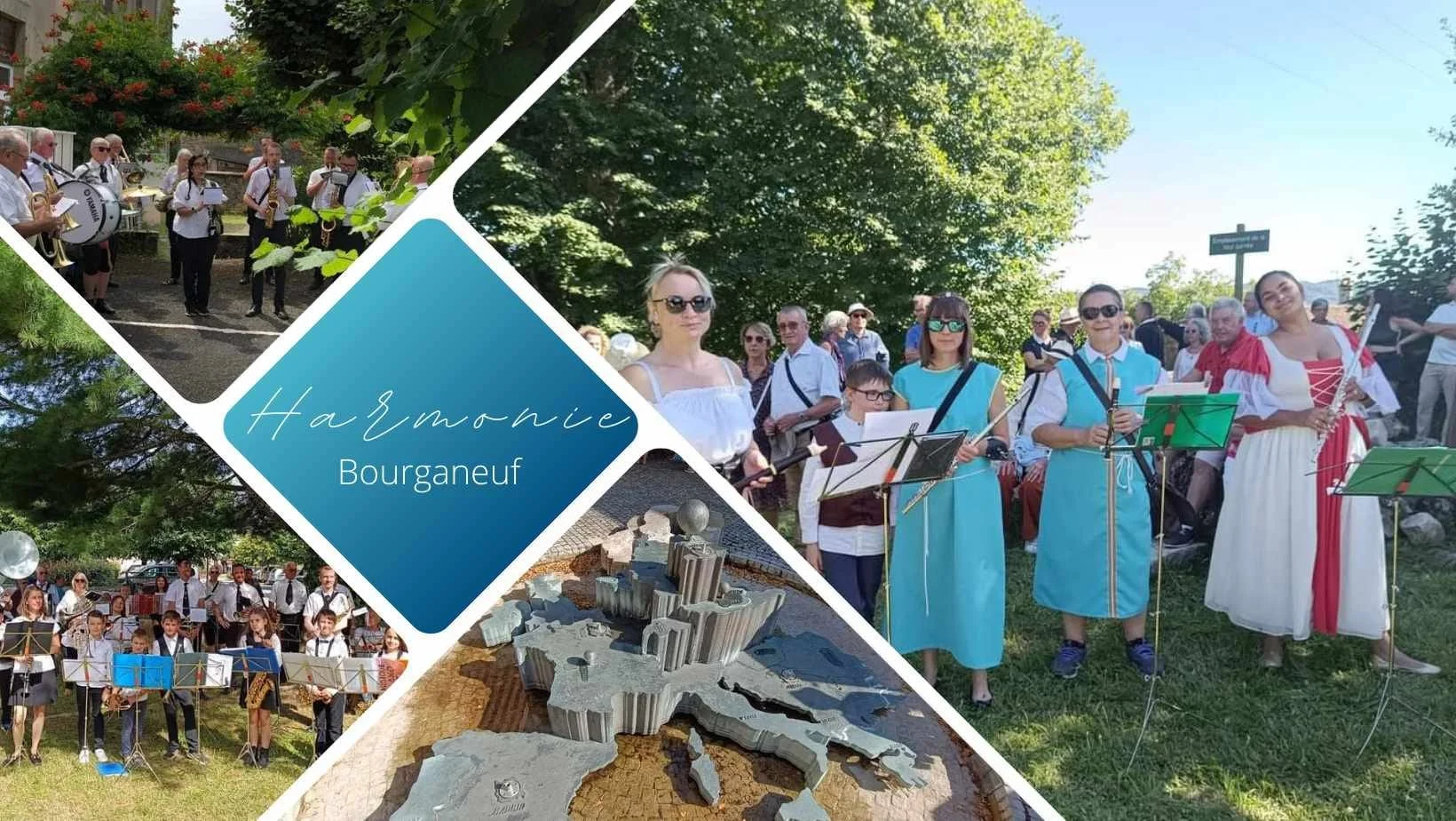 Collage de photos montrant un groupe de musiciens jouant lors d'un événement en plein air à Bouriane, Bourgueil, avec des instruments de musique, des spectateurs et une maquette d'une région vue du dessus.