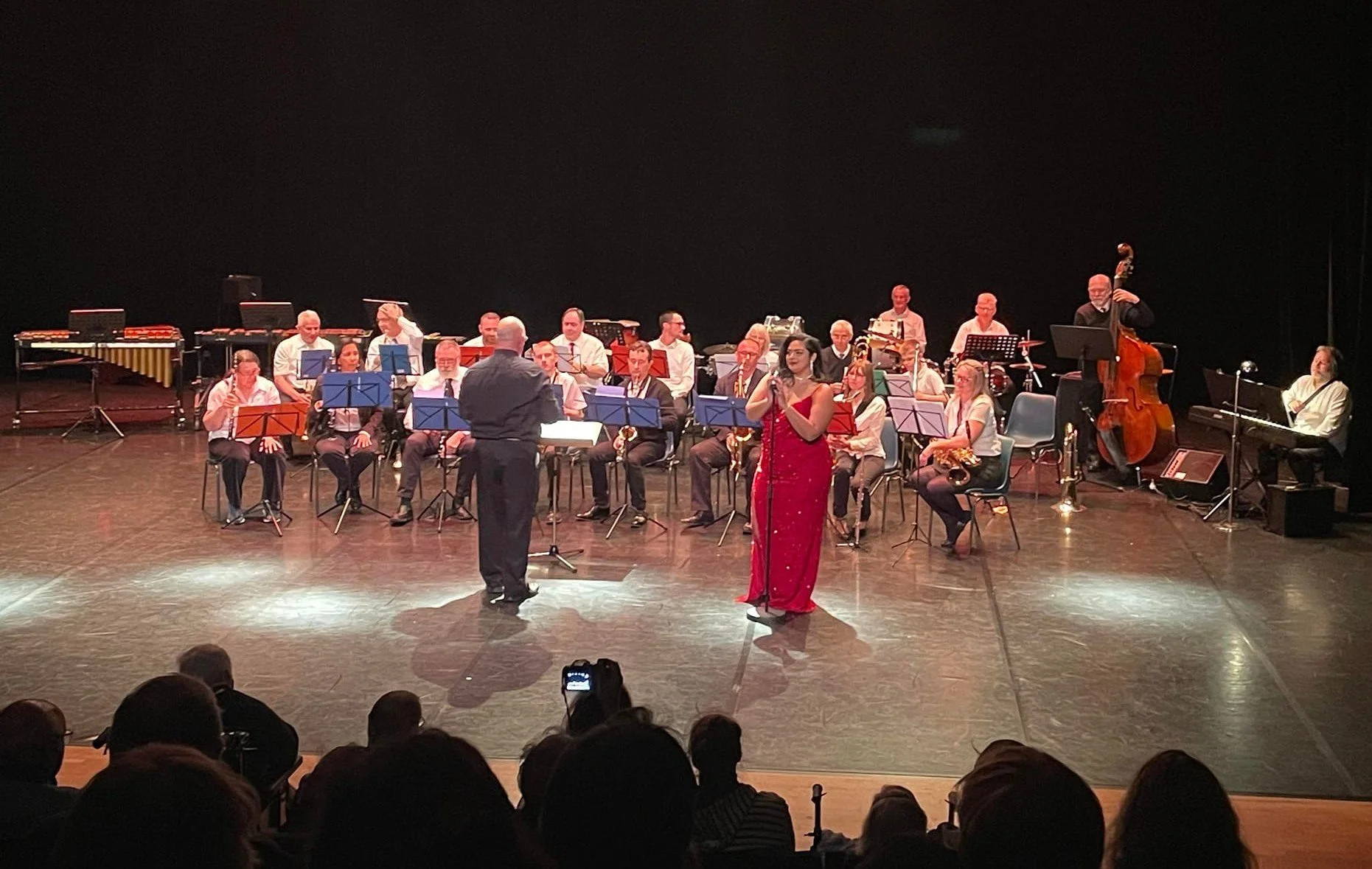 Un orchestre en performance sur scène, avec un chef d'orchestre, une chanteuse en robe rouge et un musicien jouant du contrebass, lors d'un concert.