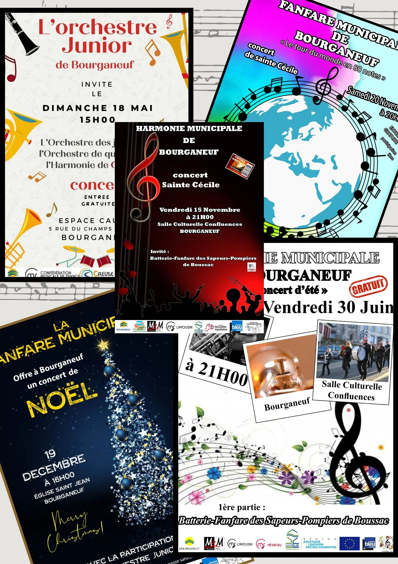 Affiches promotionnelles pour des concerts de musique par la harmonies et fanfares municipales de Bourganeuf, dont des dates et lieux indiqués, ainsi que des images de musique et de fêtes.