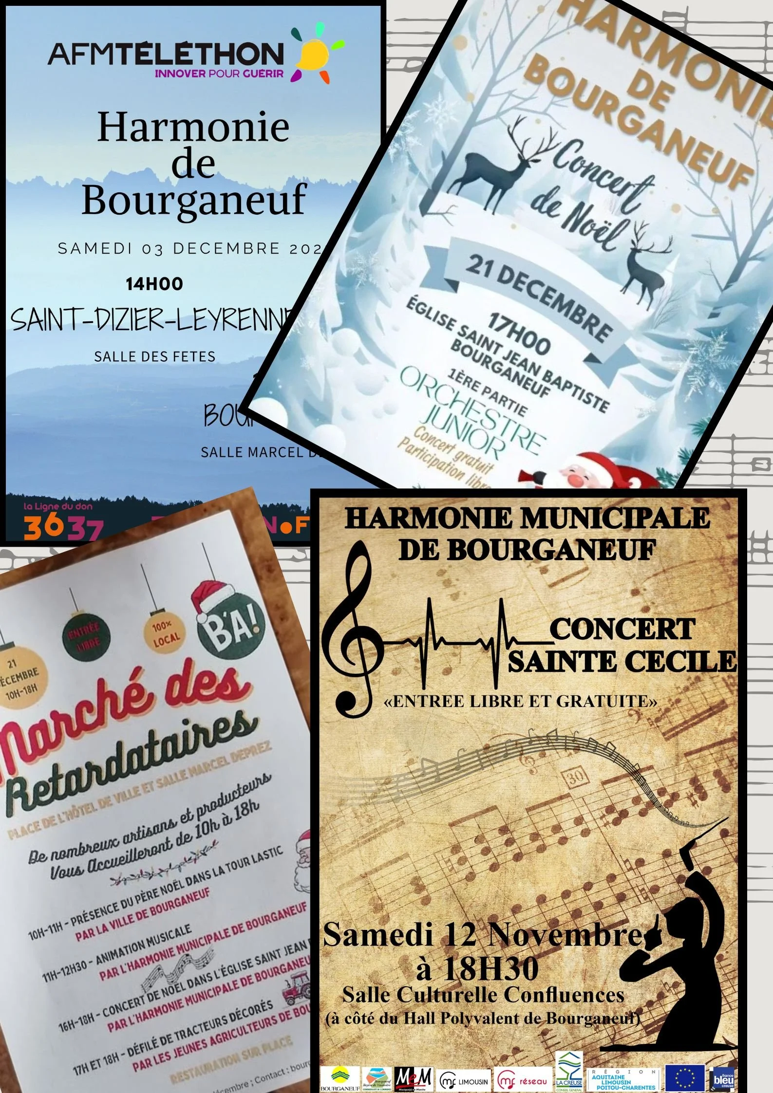 Affiches annonçant des événements culturels à Bourganeuf, dont un concert de Noël, un marché de producteurs, et un concert de la Harmonie municipale de Bourganeuf