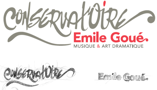 Logo de l'artiste Emile Goué avec le nom en texte stylisé et en gras, mentionnant musique et art dramatique.
