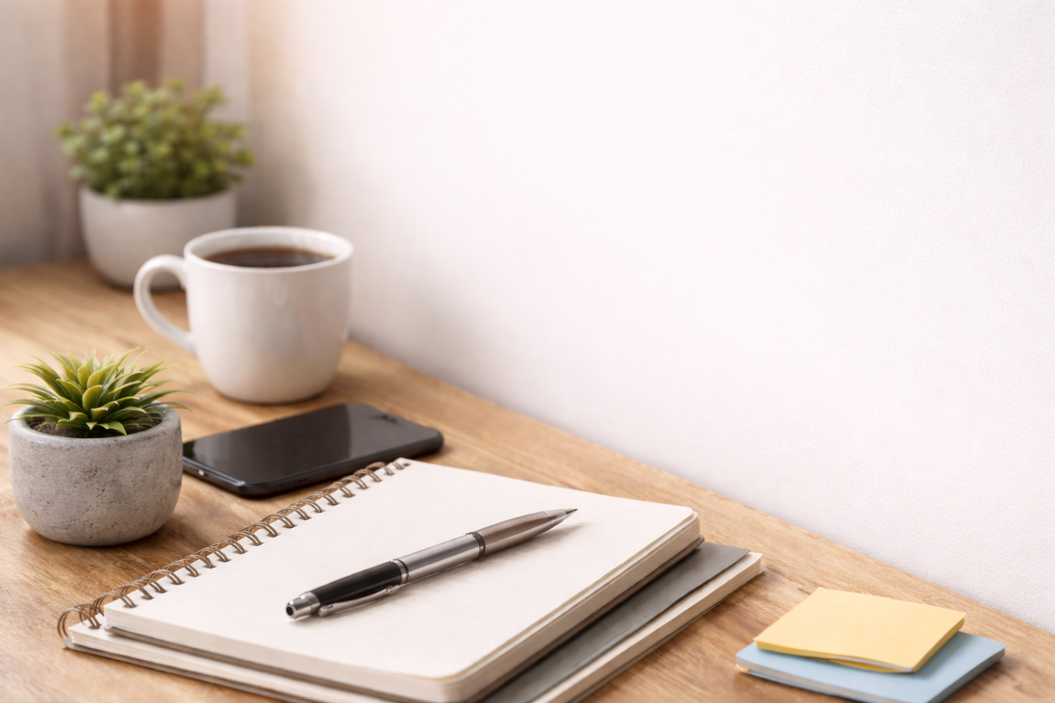 Desk with notebook, pen, sticky notes, coffee, smartphone, and potted plants.