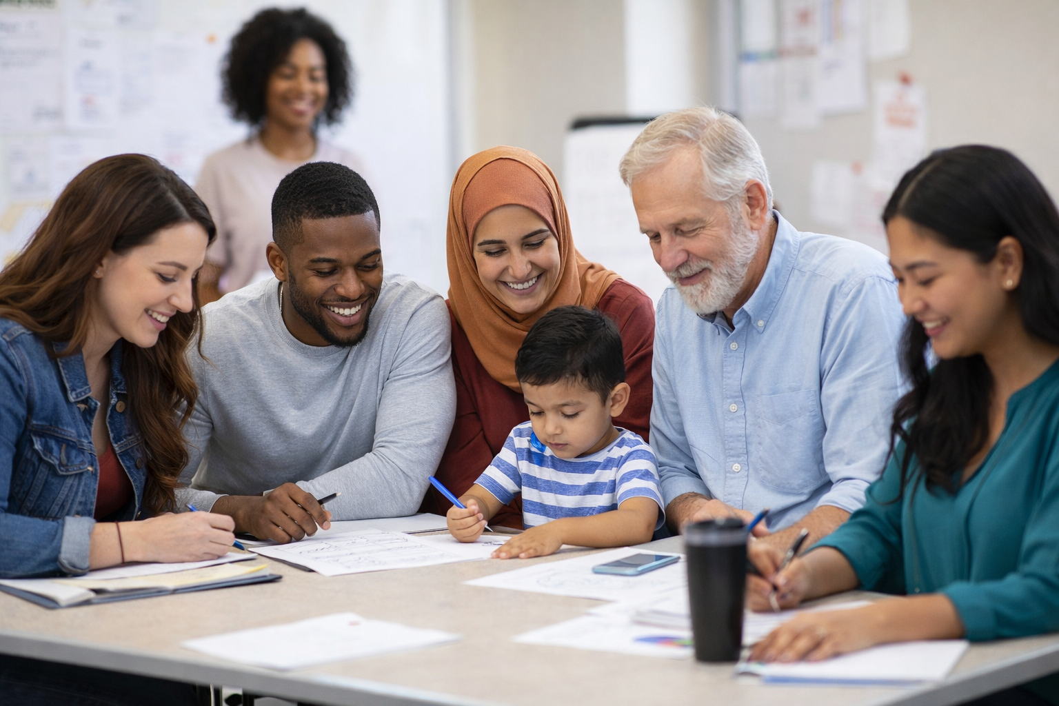 Multicultural group of six people, including a young child, gathered around a table filled with papers and writing utensils, engaged in a discussion in a bright office space.