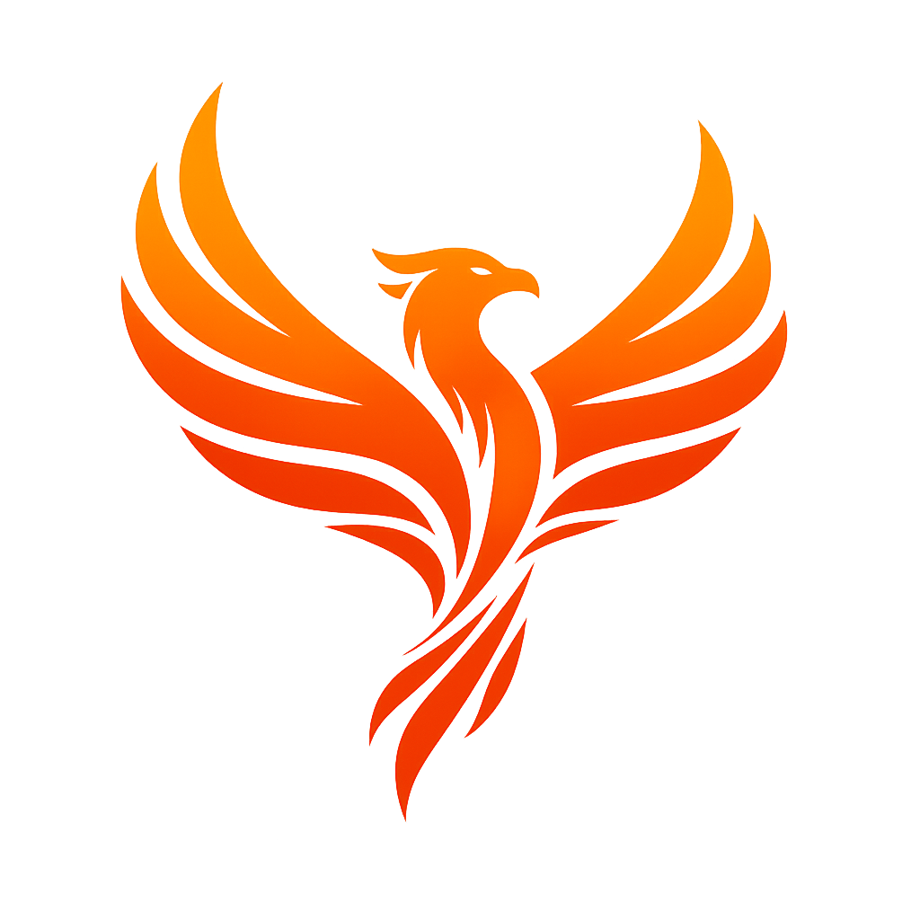 Glowing orange phoenix logo with wings spread, set against a dark background.