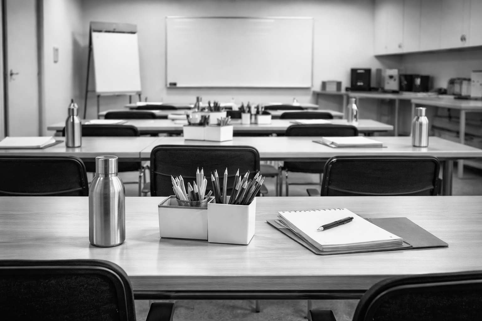 Empty classroom with tables, chairs, notebooks, pens, and stainless steel water bottles, whiteboard, and cabinets in black and white photo.