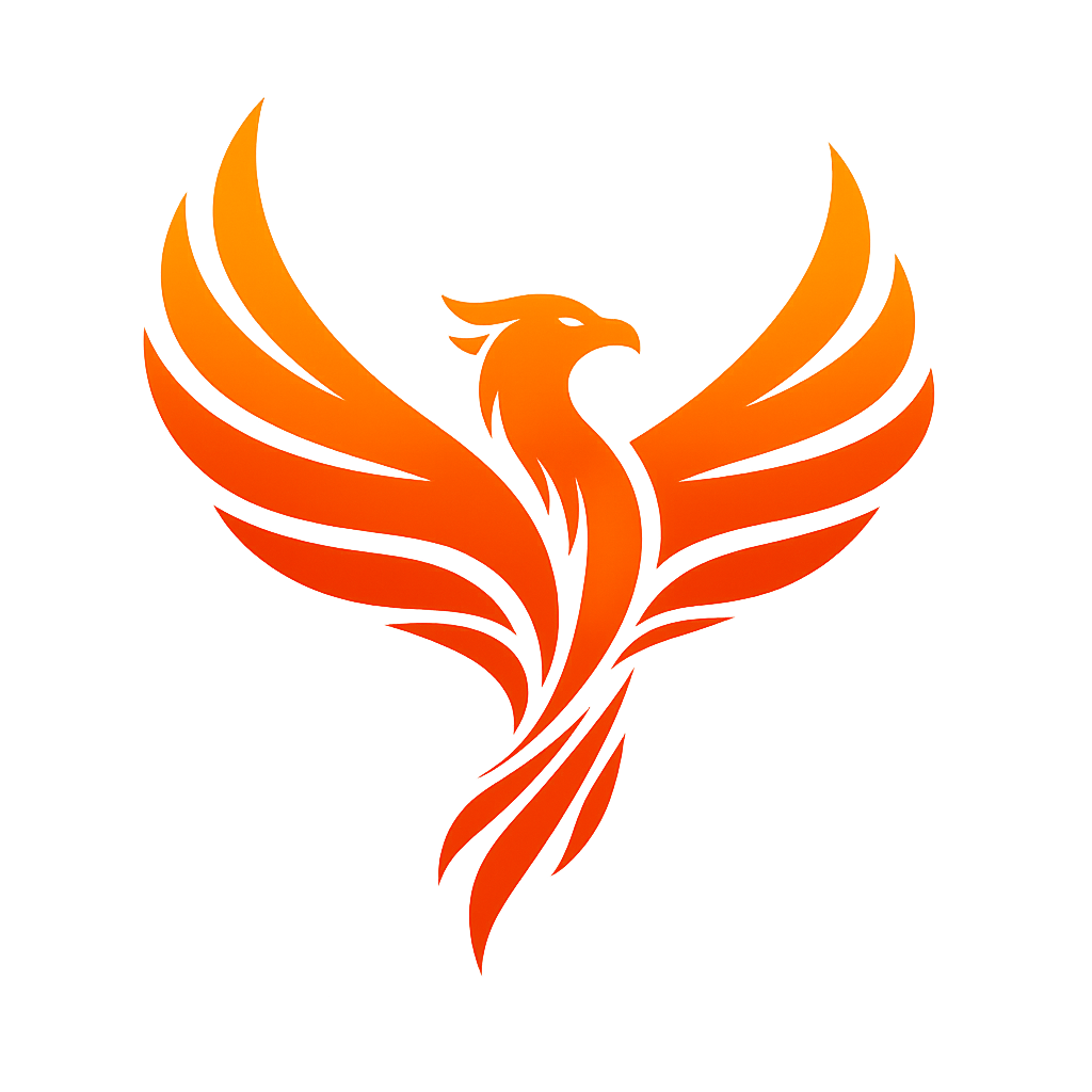 A stylized orange phoenix with outstretched wings.