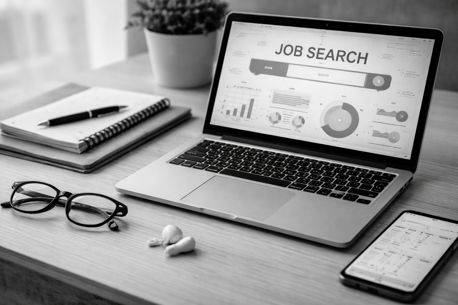 A laptop displaying a job search webpage, placed on a desk with notebooks, a pen, glasses, wireless earbuds, and a smartphone nearby; a potted plant is in the background.