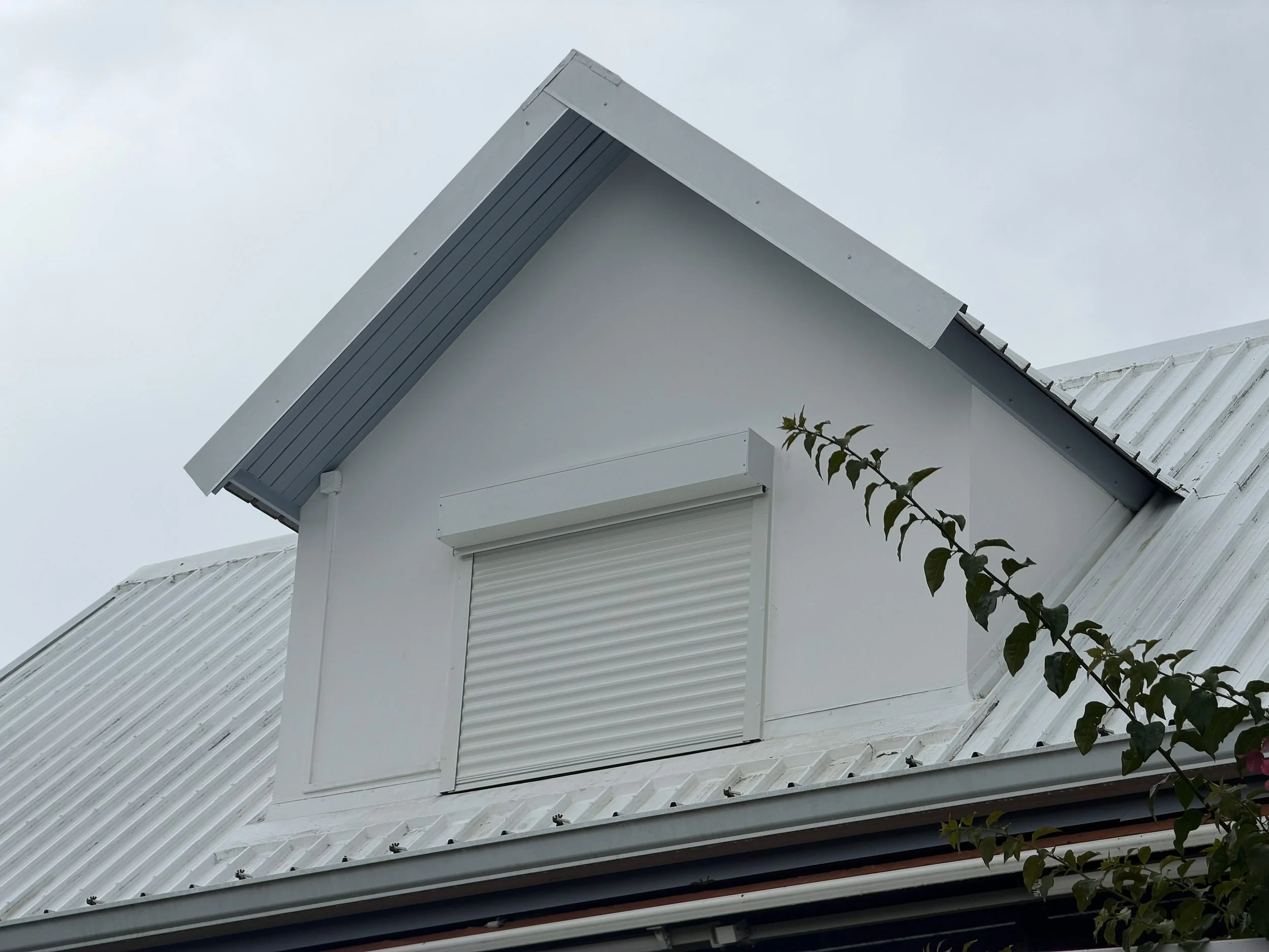 Close-up of a white house's upper roof with a dormer window, metal siding, and a tree branch in the foreground.