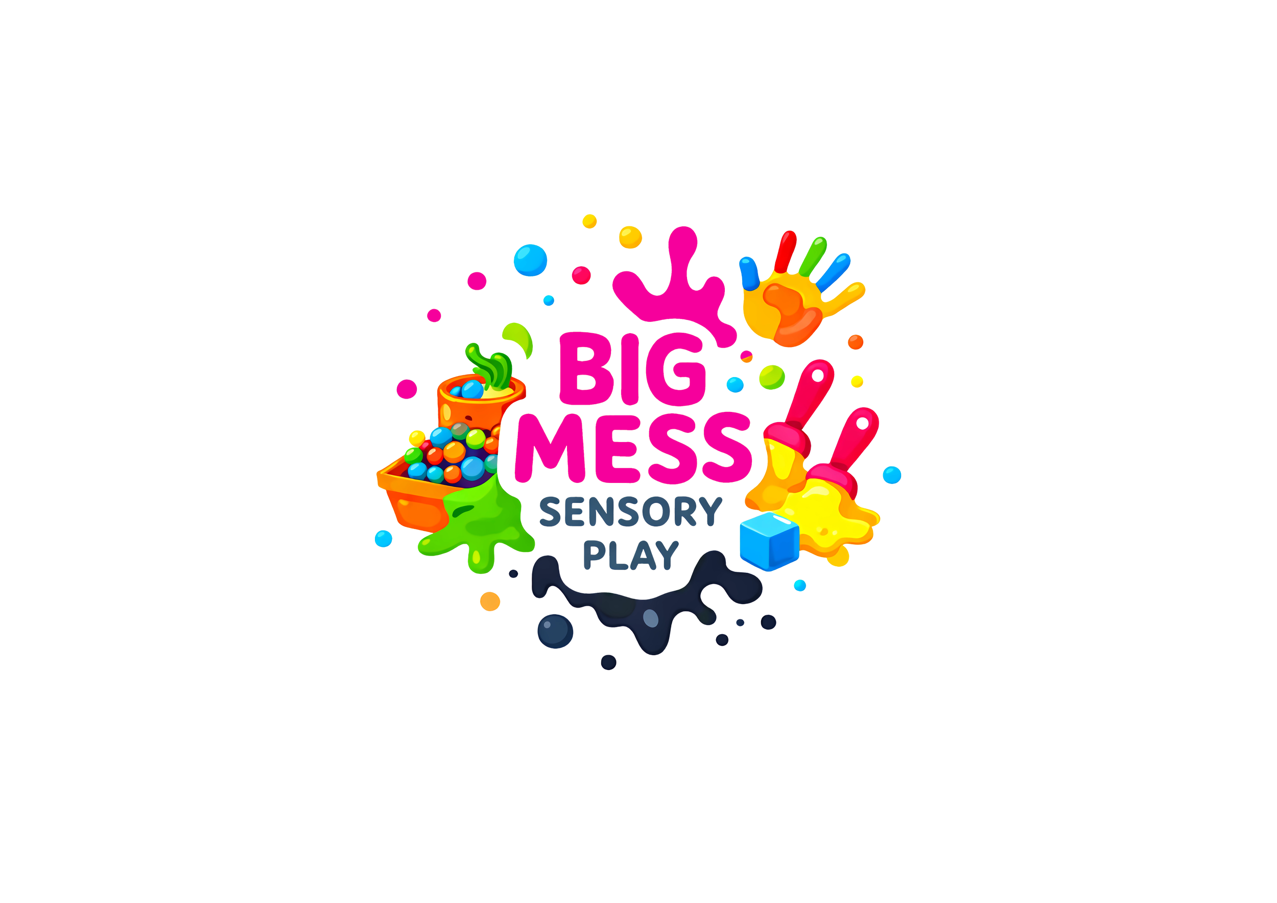 Colorful logo for Big Mess Sensory Play with splashes of paint, toys, and game elements.